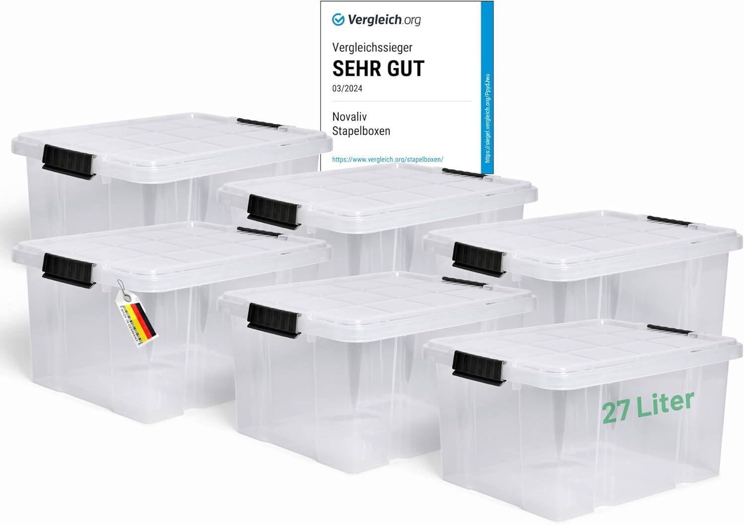 Novaliv Aufbewahrungsbox 30536+6xTRA (6 St), Novaliv 6x Aufbewahrungsboxen mit Deckel 27L transparente Nestbar stap