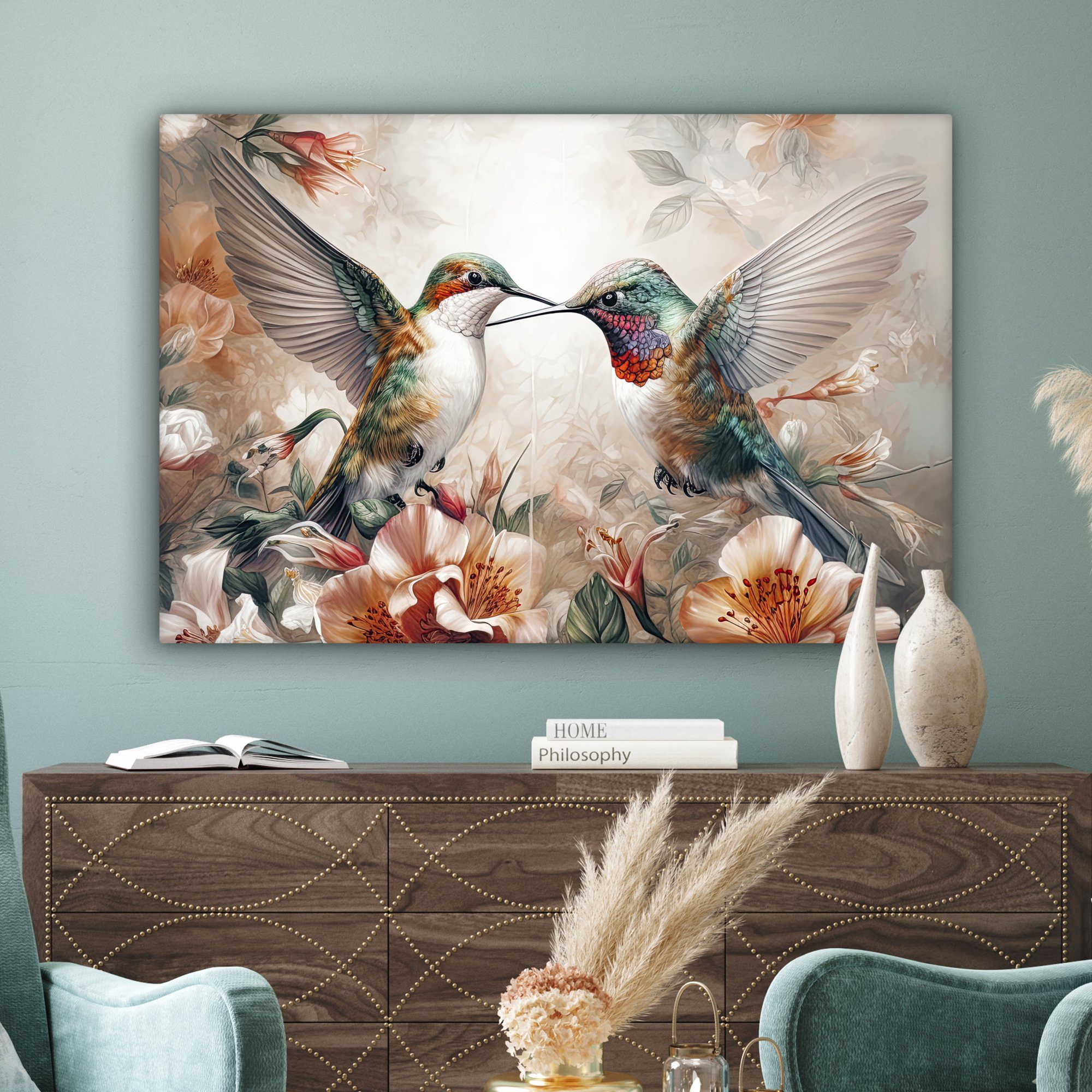 großes, XXL, für Leinwandbild - - Wohnbereiche, alle OneMillionCanvasses® St), cm Vögel Wandbild 120x80 - Natur, (1 Kolibri Gemälde, Blumen