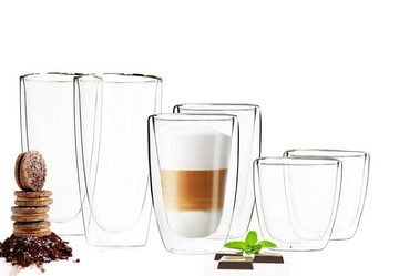 Sendez Thermoglas 6 Doppelwandige Gläser 2x450 2x200 2x90ml Kaffeegläser Thermogläser Set, Glas