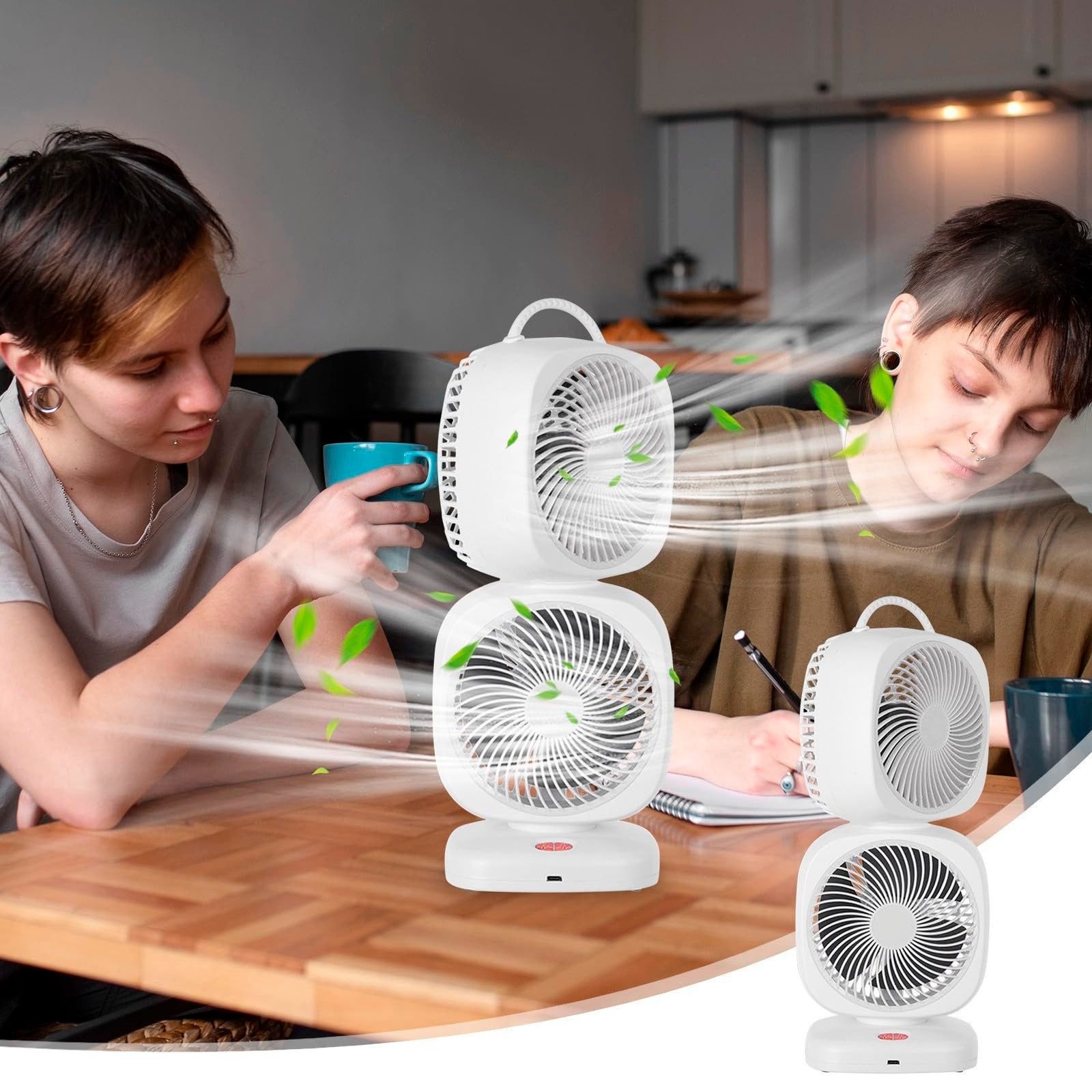 MOPUEA Tischventilator Tischventilator 2-Etage 4000mAh 350°Drehung 5 Windgeschwindigkeiten, Naturwind, 360° Drehung, leise 20 dB, Akku, TYPE-C Laden
