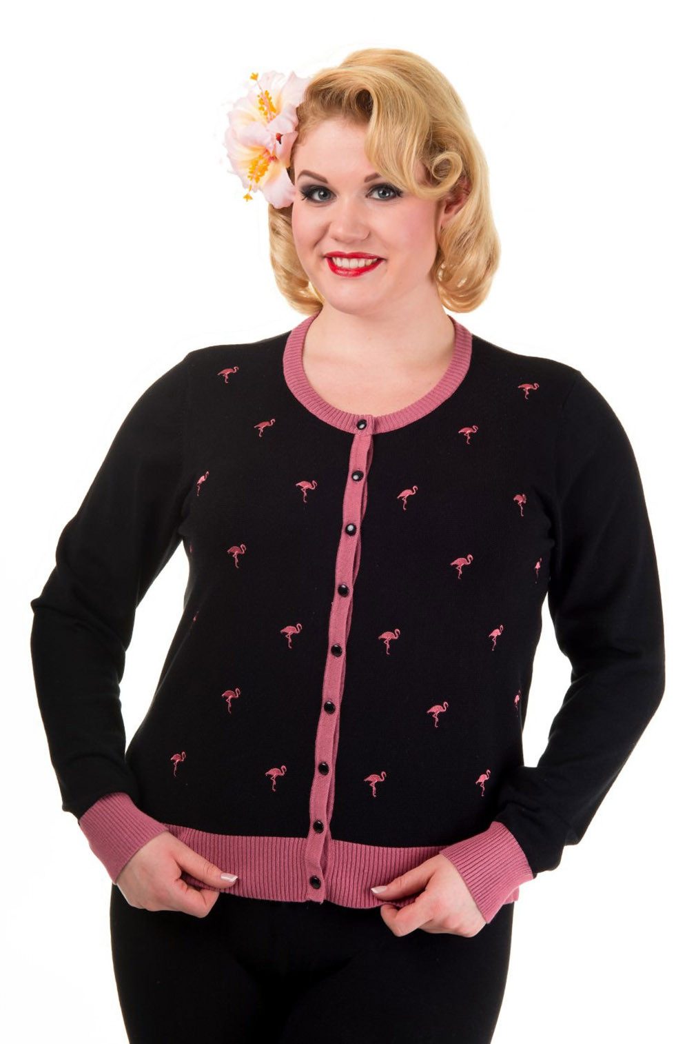 Banned Strickjacke Golden Touch Flamingo Schwarz Rosa Retro Vintage Cardigan