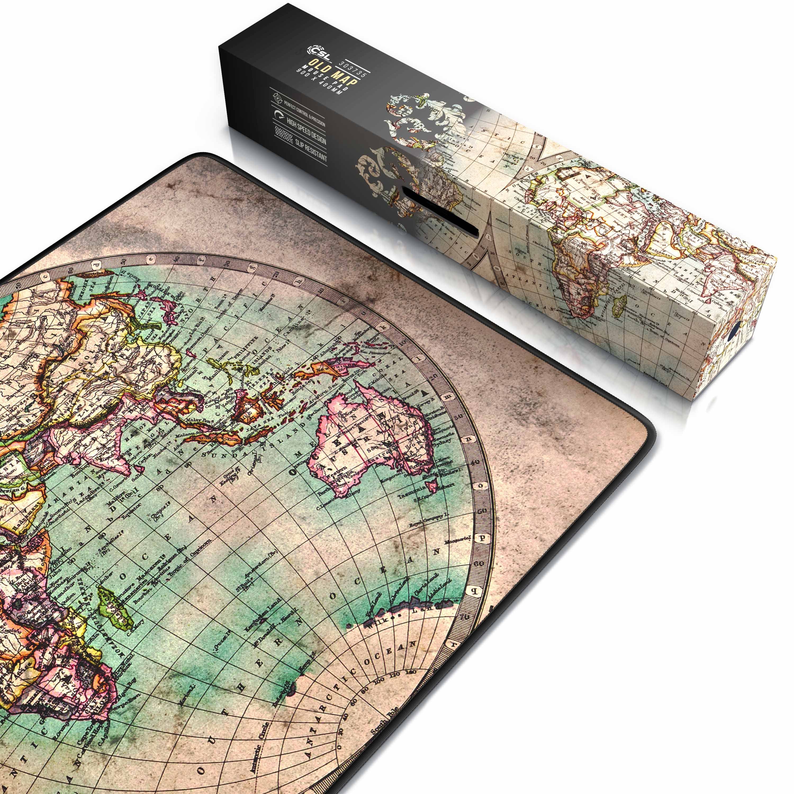 CSL Gaming Mauspad XXL Speed Mousepad 900 x 400 x 3 mm, große Tischunterlage, rutschfest, abwaschbar, Geschwindigkeit & Präzision, Old Map