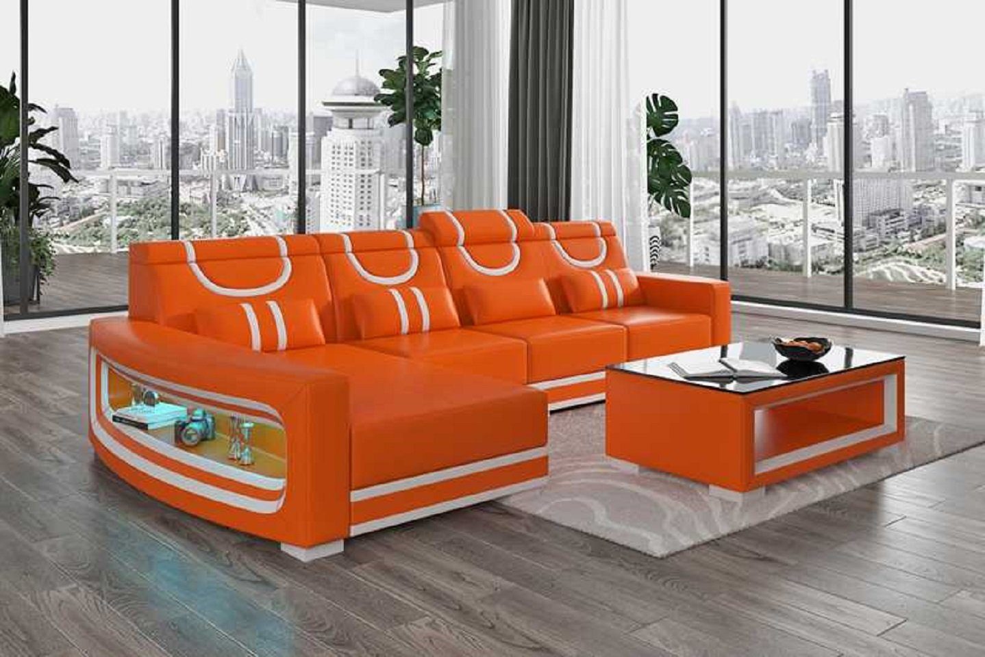 JVmoebel Ecksofa Luxus Ecksofa L Form Liege Orange Modern Ledersofa Sofas Sofa Couchen, 3 Teile, Made in Europe