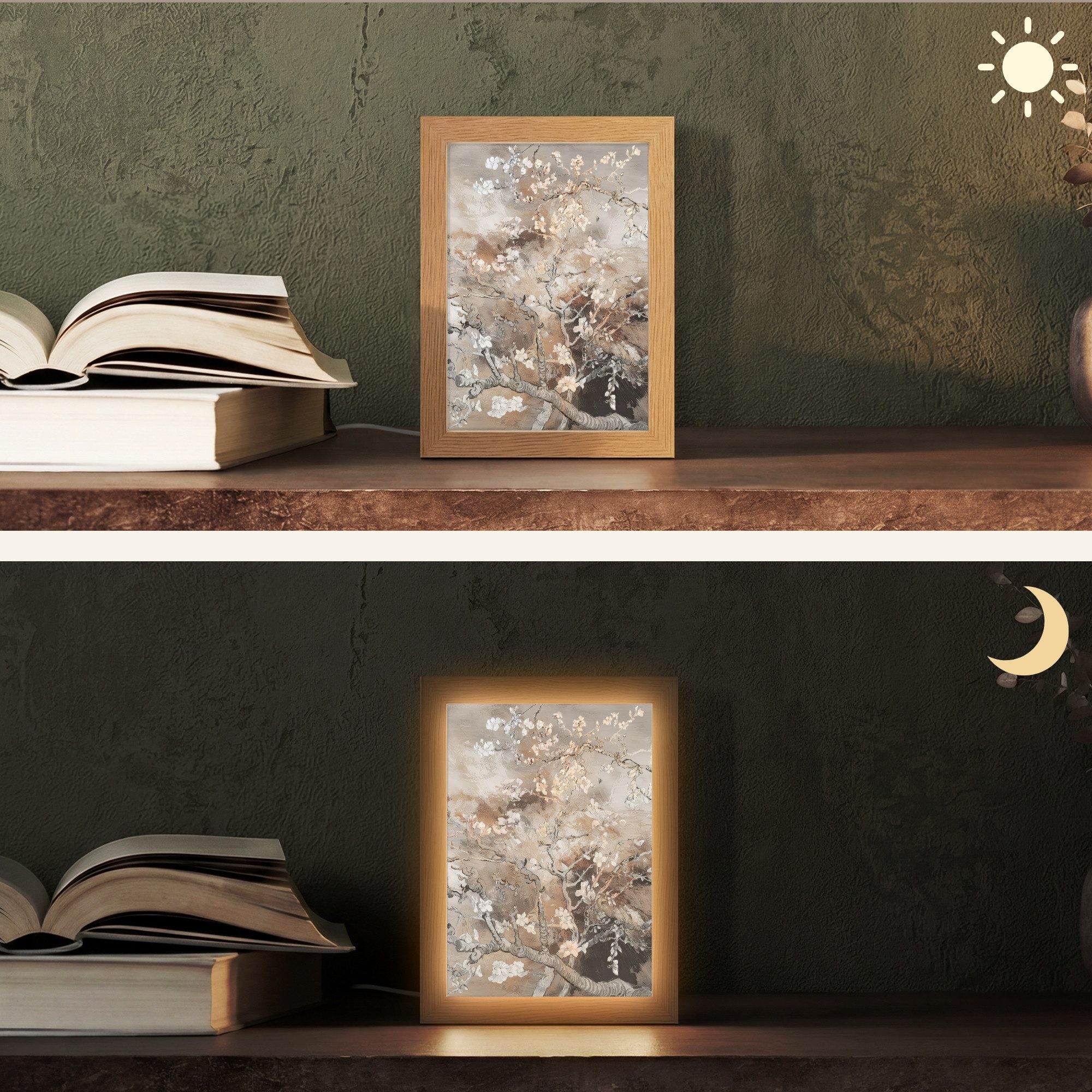 OnlyWow Tischleuchte Mandelblüte - Kunst - Van Gogh - Beige - Abstrakt, Dimmbar, Farbwechsel, LED, Warmweiß, Kaltweiß, Neutralweiß Einstellbar, Tischlampe, Schreibtischlampe, Desk, Dimmbar, mit Kabel, LED