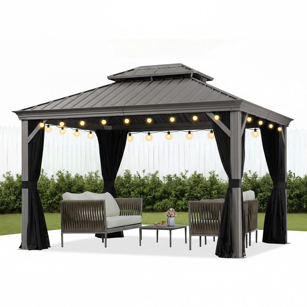 PURPLE LEAF Pavillon Hardtop Alu Gartenpavillon mit Seitenteilen und LED Lichterketten, Winterfester und wasserdichter Pavillon
