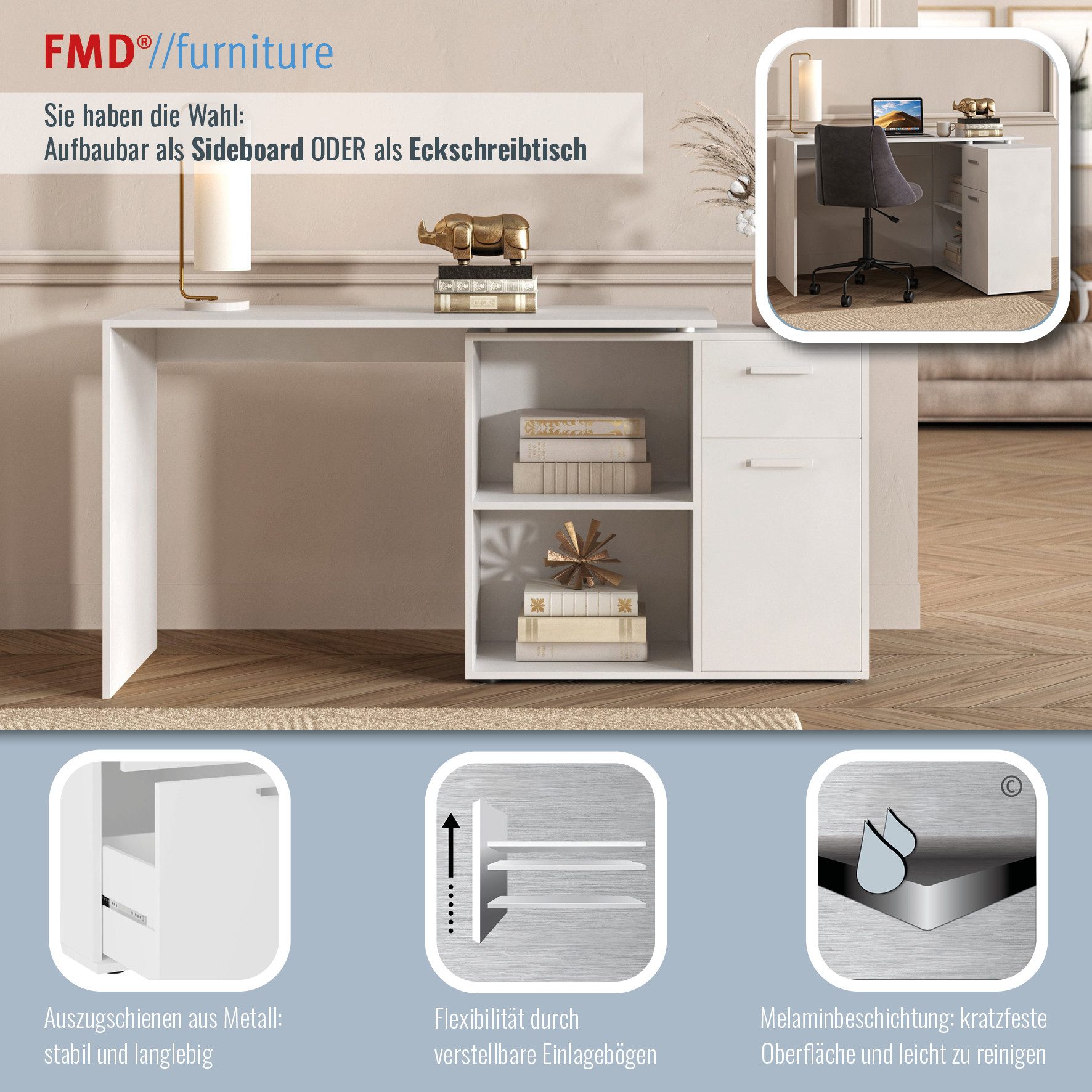 FMD Eckschreibtisch AUGSBURG, Schreibtisch/ Sideboard m. Stauraum, beids. montierb., 117 oder 148 cm