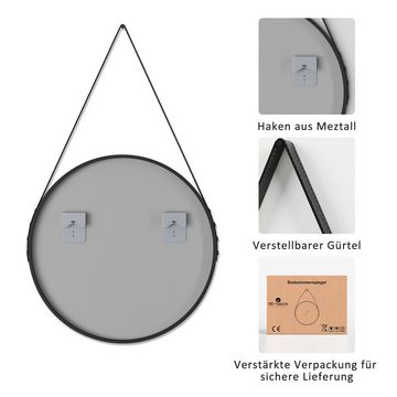 GOEZES Badspiegel Rund 60x60 50x50 Wandspiegel Schwarz mit Metall Rahmen (Dekospiegel Flurspiegel, Verstellbarer Riemen), 4-stufig einstellbarer, höhenverstellbar 70mm