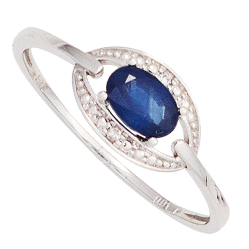 Schmuck Krone Goldring Ring mit Saphir blau & Brillanten, 585 Weißgold, Gold 585