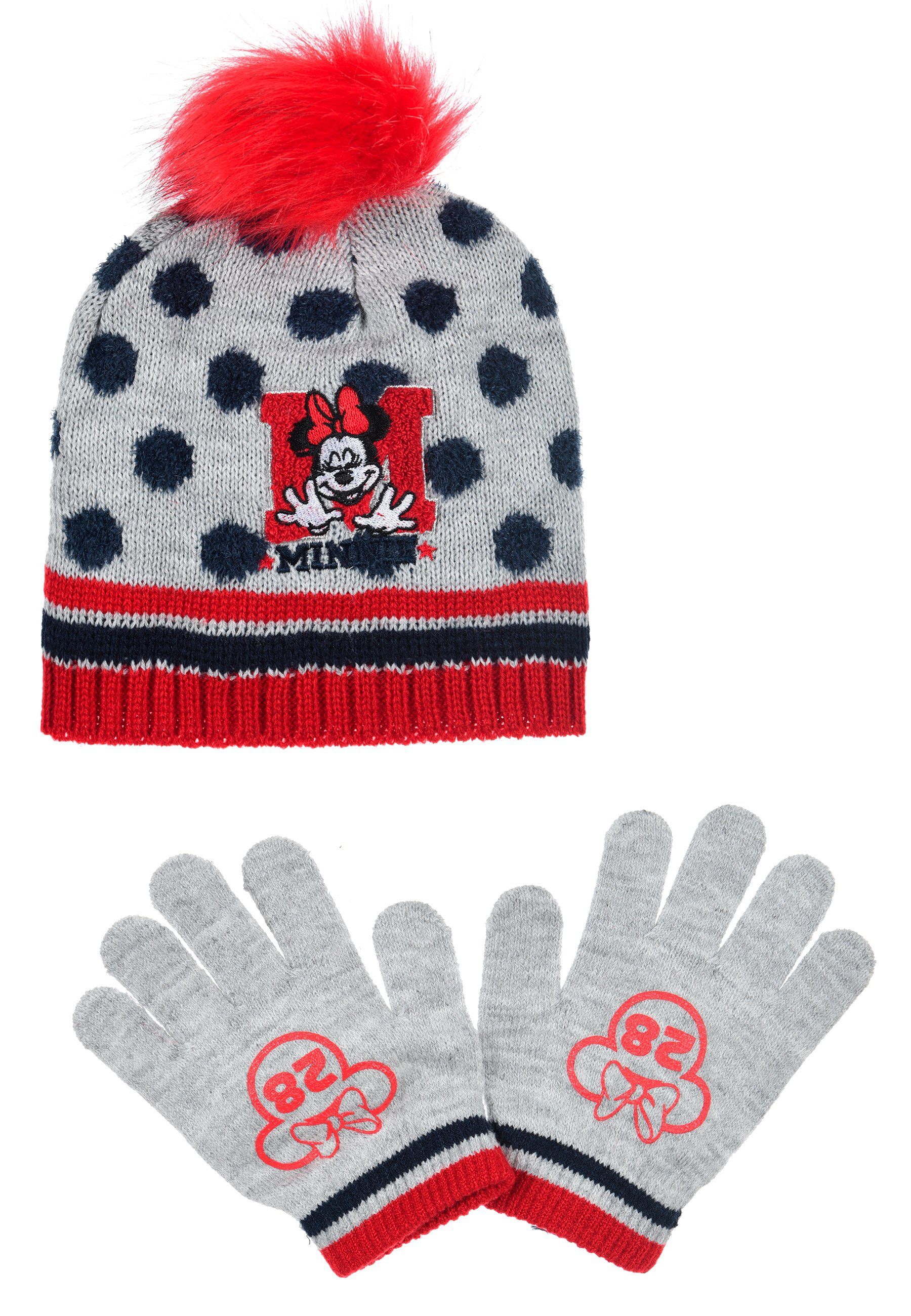 Disney Minnie Grau tlg. Mütze Kinder Mouse Handschuhe & Mädchen 2 Bommelmütze Winter-Set (SET)