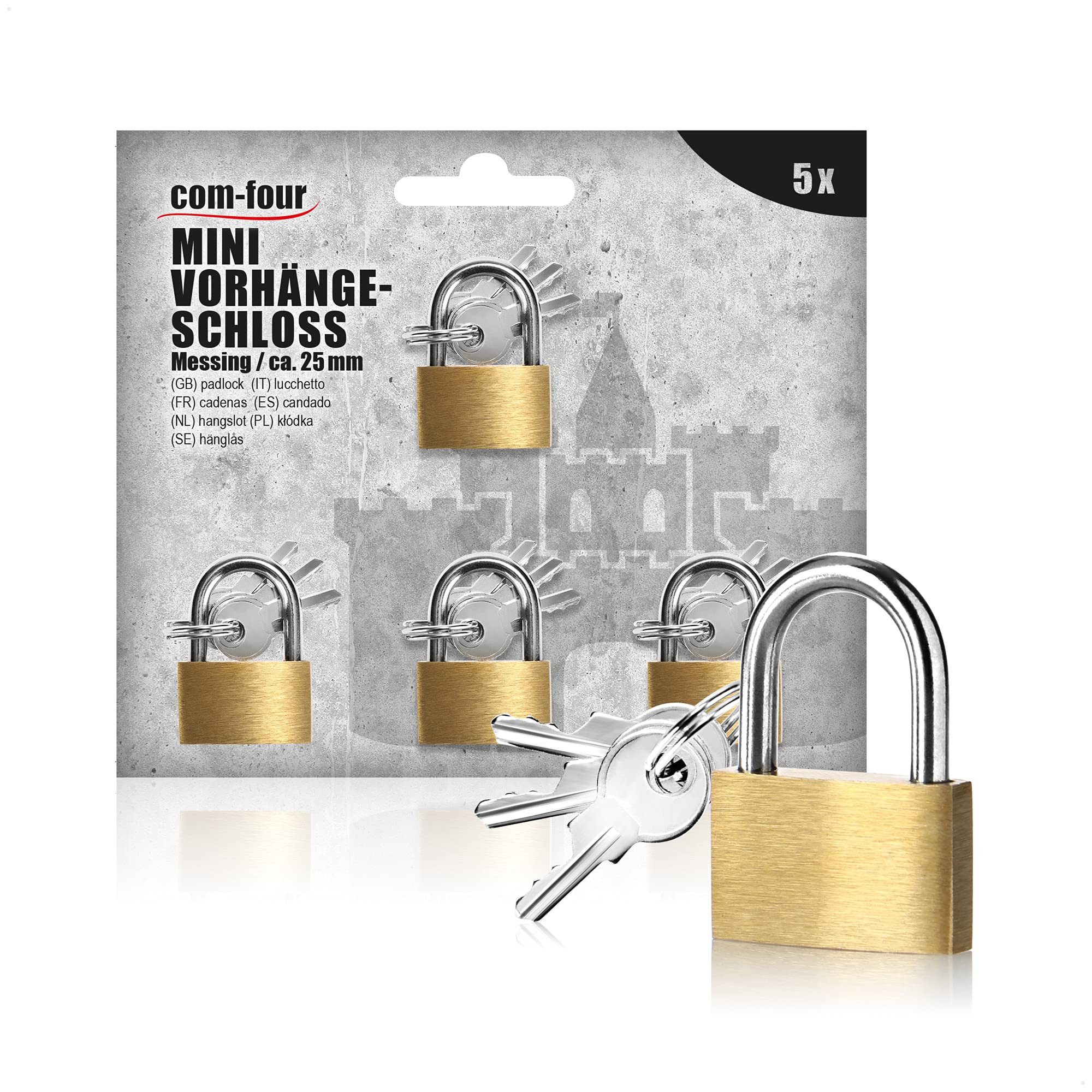 com-four Vorhängeschloss Mini Gepäck-Vorhängeschloss, Gepäckschloss aus Messing, (5-tlg), Kleines Kofferschloss für Gepäck und Reisetaschen