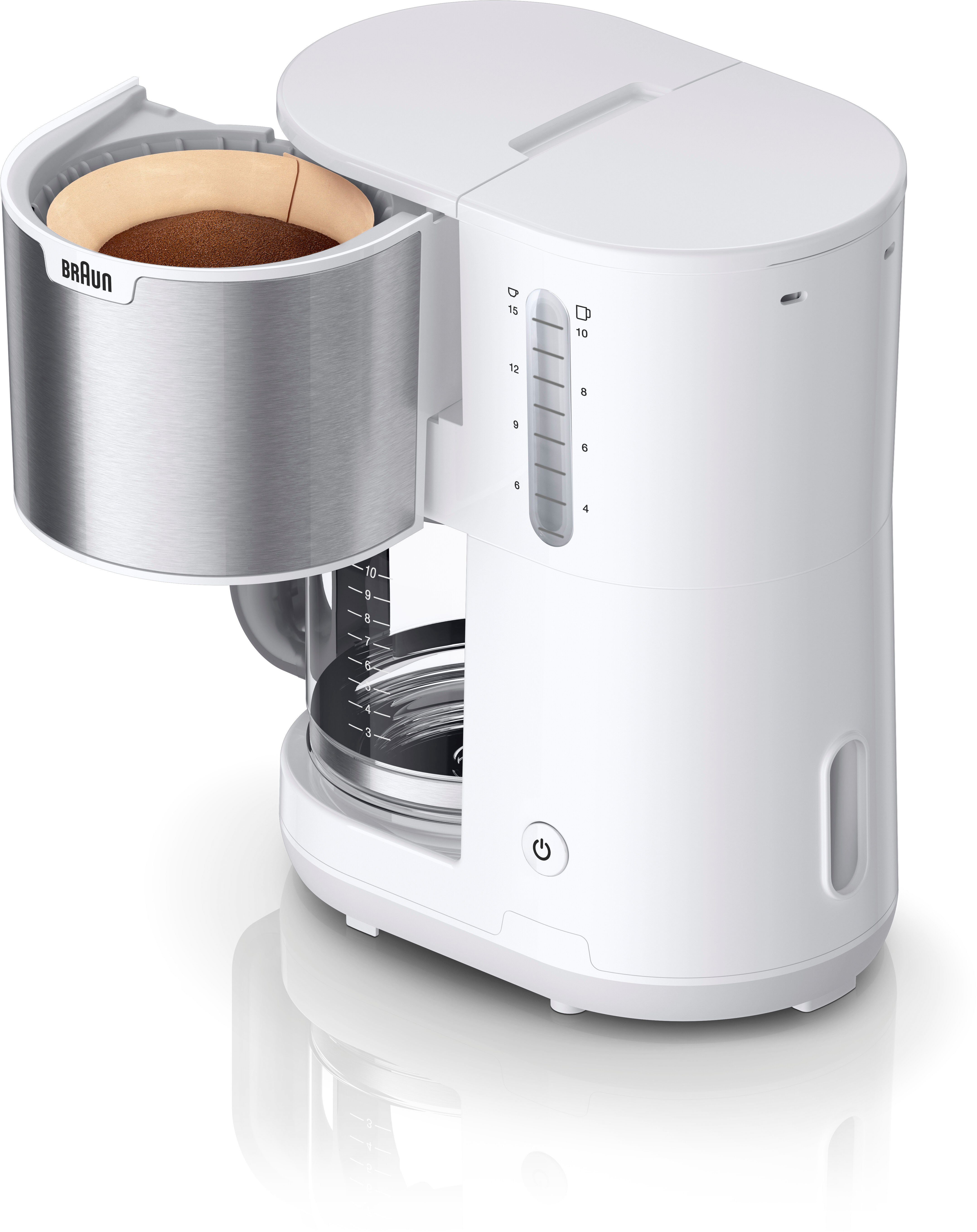 Braun Filterkaffeemaschine PurShine KF1500 GY, 1,7l Kaffeekanne, Papierfilter, 1000W, automatische Abschaltung, herausnehmbarer Filterkorb, Edelstahl
