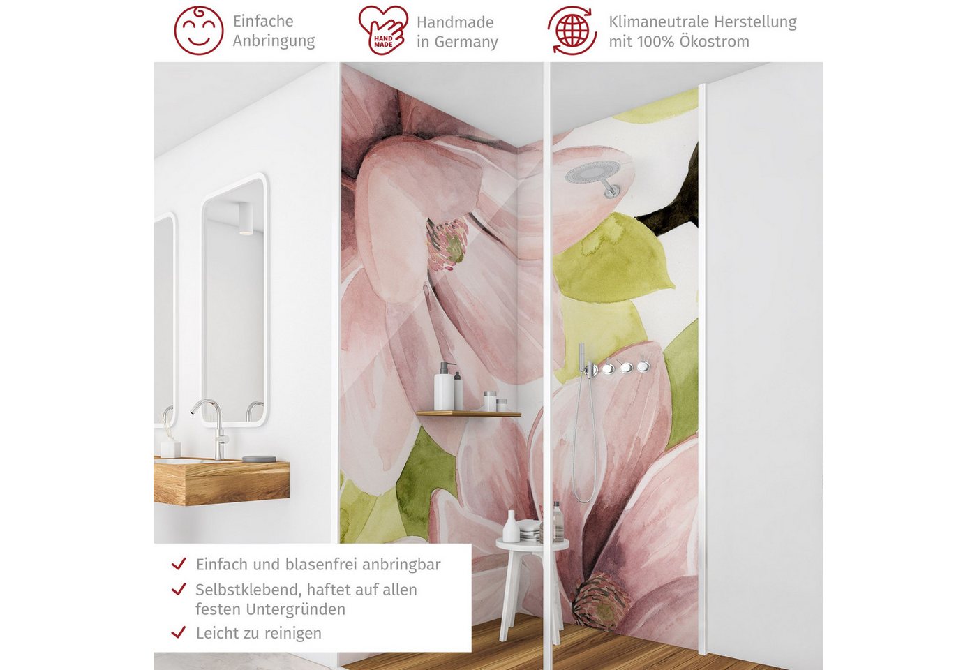 Thumbnail - Bilderdepot24 Badrückwand Blumen rosa Duschrückwand ohne Bohren Motiv Landhaus, (2-tlg., Hart-Folie Premium matt 0,61 mm...