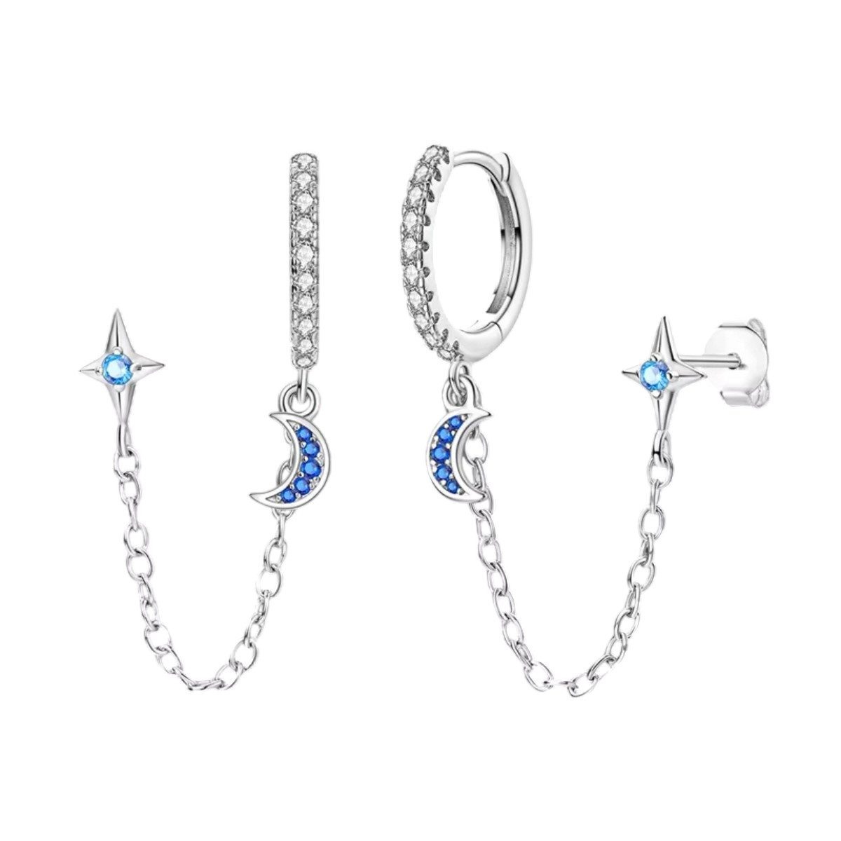 ELLAWIL Paar Creolen Ohrcreolen mit Ohrstecker Ohrschmuck Creole Hoop Mond & Sterne blau (GESCHENKIDEE), inklusive Geschenkschachtel