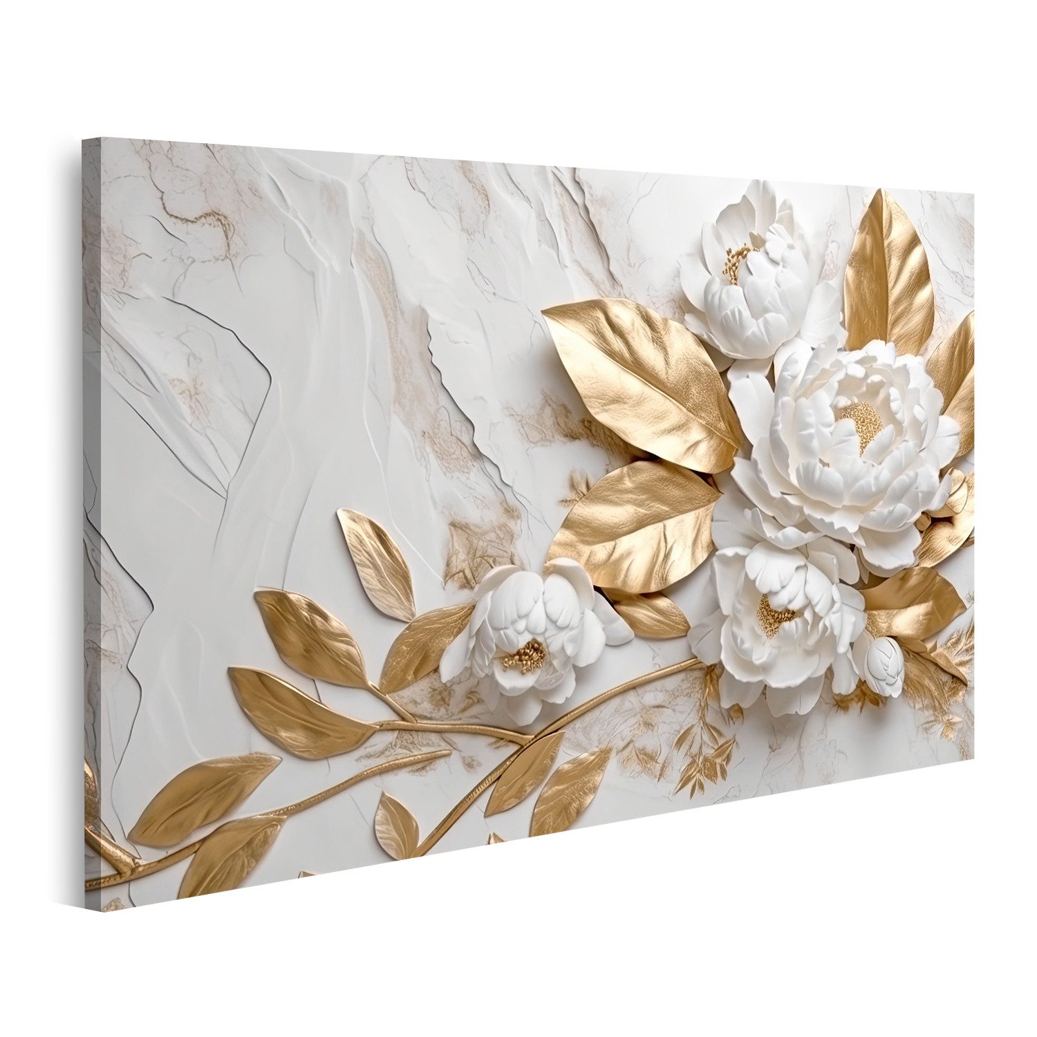 islandburner Leinwandbild Marmor Textur Weiß Gold Farben Goldene Blumen Lux günstig online kaufen