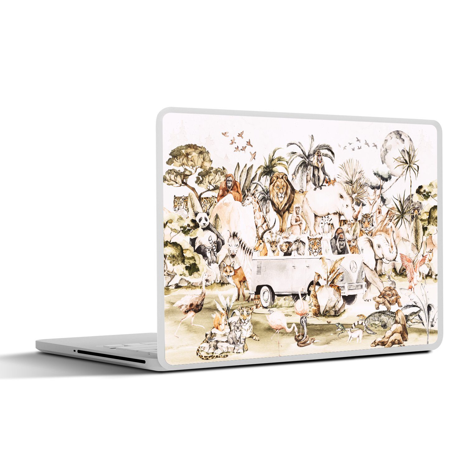 MuchoWow Laptop-Aufkleber Bus - Tiere - Kinder - Jungen - Mädchen - Palme, (1tlg), Aufkleber Geeignet für Laptops, Schutz vor Kratzern, Sticker, 31x22 cm