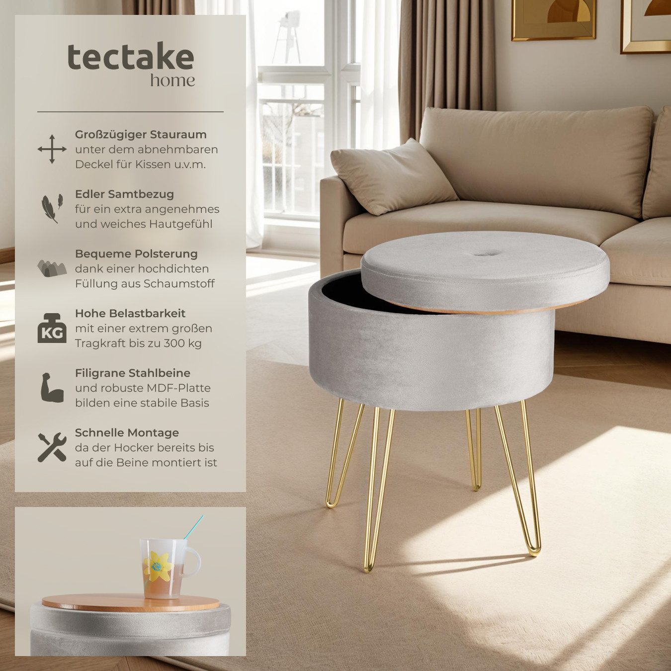 tectake Sitzhocker Schminkhocker Ava gepolstert in Samtoptik 300kg mit Stauraum, rund