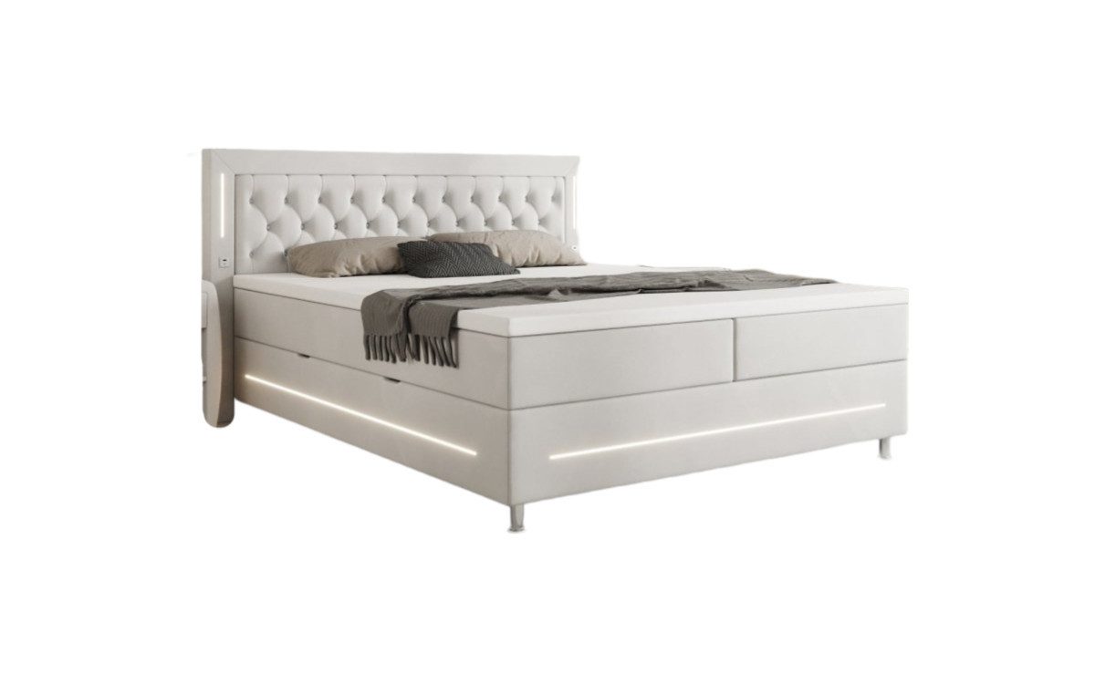 Luxusbetten24 Boxspringbett Tino, mit RGB-Beleuchtung, USB-Anschluss und Stauraum
