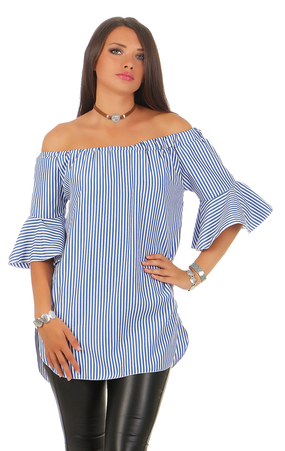 Mississhop Carmenbluse Stilvolles Off-Shoulder Oberteil mit Glockenärmeln M.197