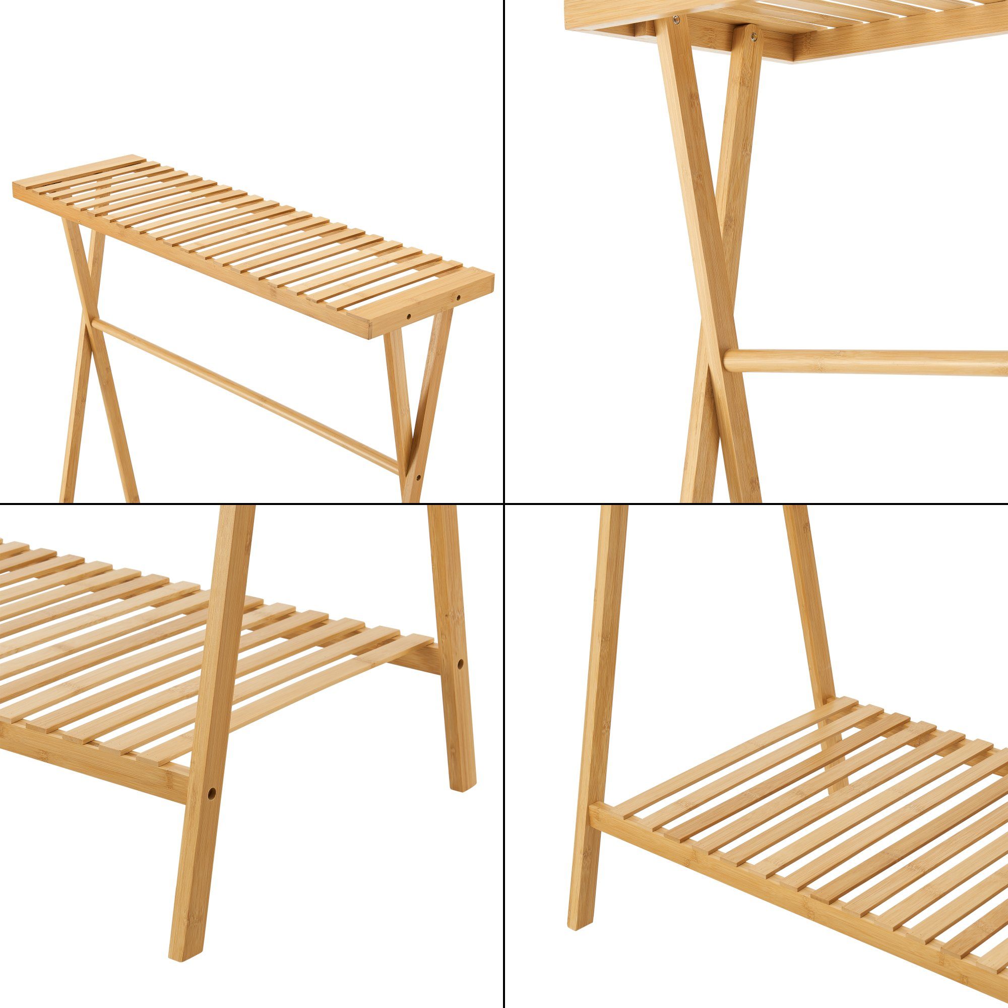 en.casa Garderobenständer, »Horten« mit Kleiderstange und 2 Ablagen Bambus 140x90x45 cm