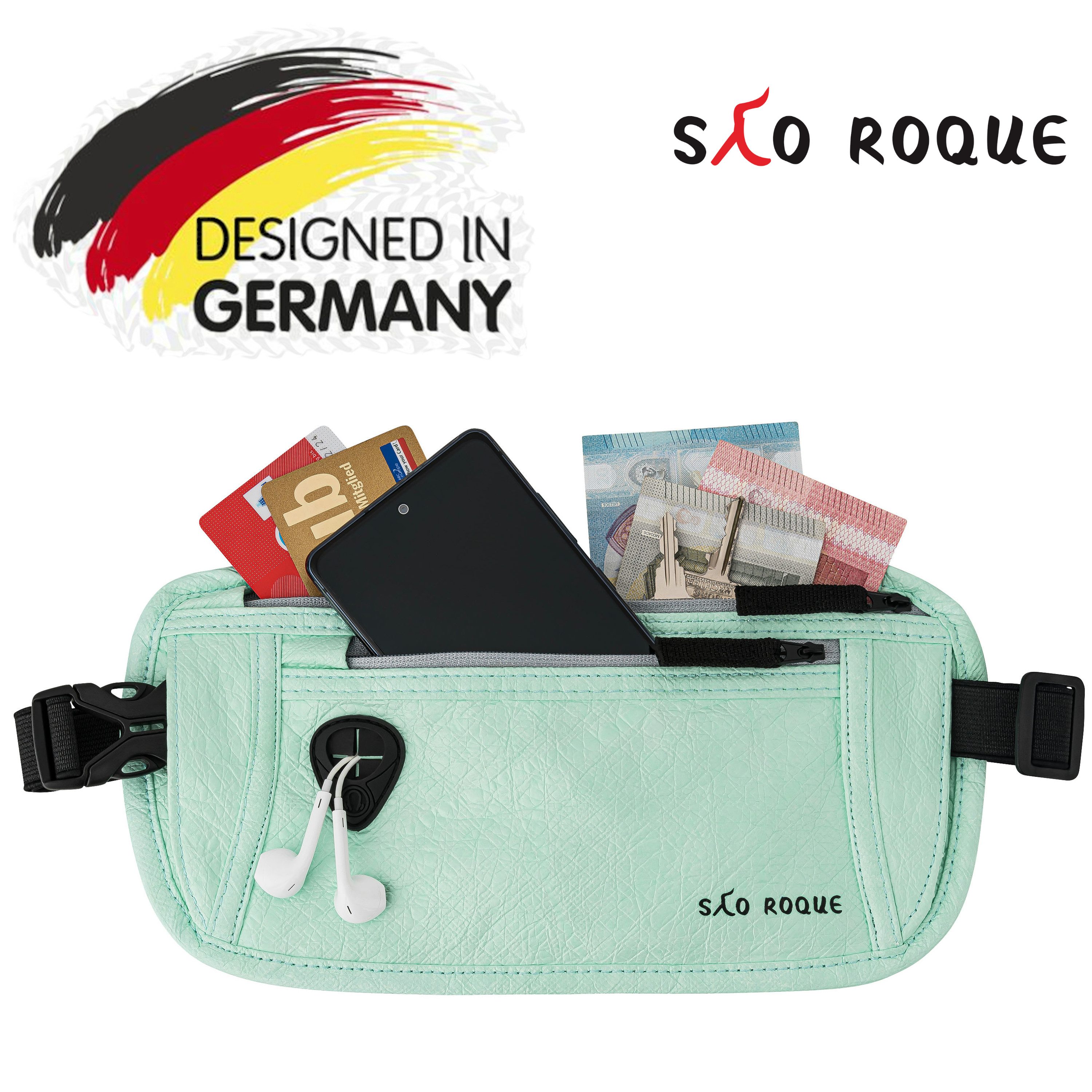 SAO ROQUE Bauchtasche Flache Damen Herren Bauchtasche, Diebstahlsicher RFID Schutz, Vegan, ultraflach, schweiß- und wasserfest, ultraleicht
