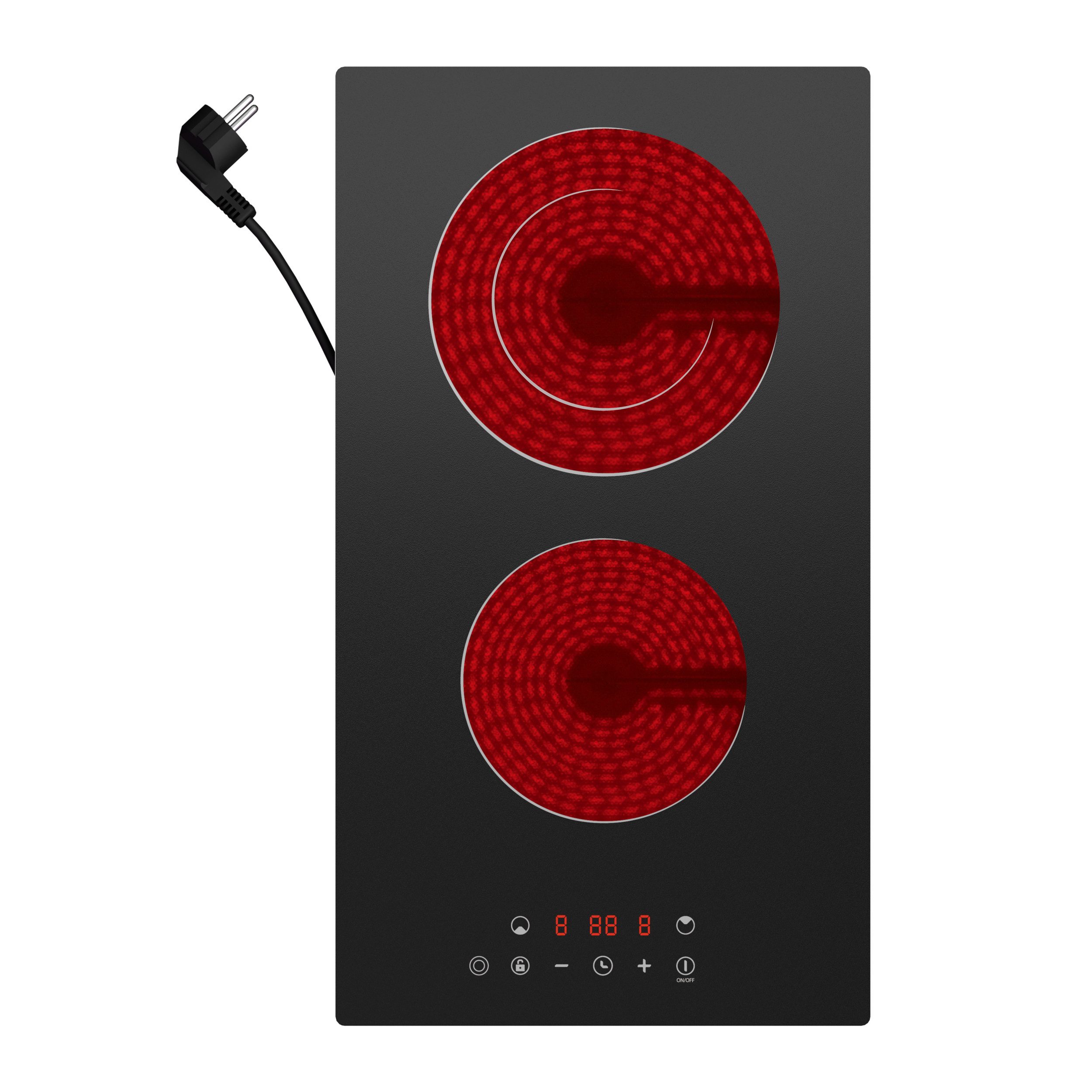 CDV Elektro-Kochfeld 30 cm Doppel-Ring Cerankochfeld 2 Zonen Einbau & Standgerät CDVER322, 9 Stufen, Touch Control mit Timer und Stecker, 3200 W