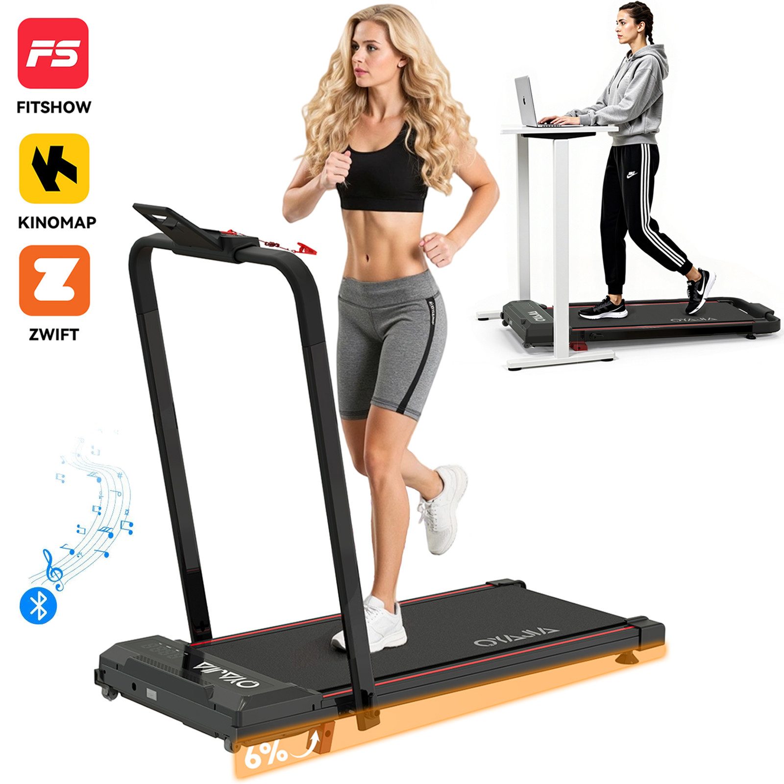 oyajia Laufband Leises Laufband für Zuhause mit Steigung (Mit Toolkit, Schmiermittel, bis 6% Steigung), Klappbares Laufband bis12 km/h mit APP Walking Jogging Pad