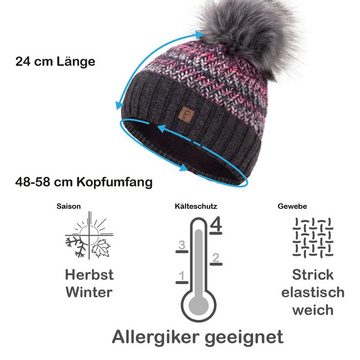 Faera Bommelmütze Wintermütze Damen Winter Mütze Beanie Haube gefüttert Strickmütze