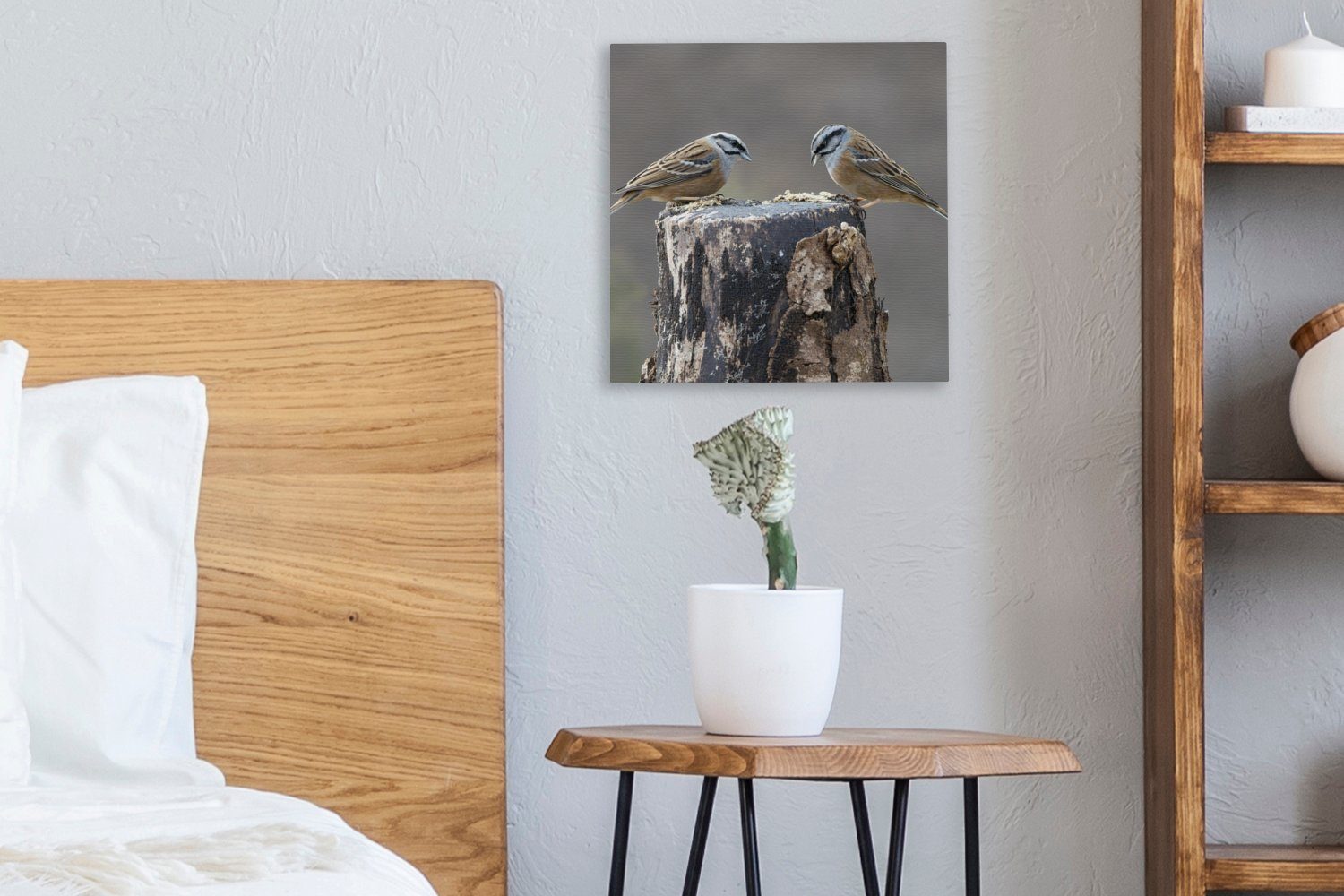 OneMillionCanvasses® Leinwandbild Ein Paar des Wohnzimmer Vogels (1 Schlafzimmer einem auf Holzstamm, Bilder für Leinwand St), Grauammer