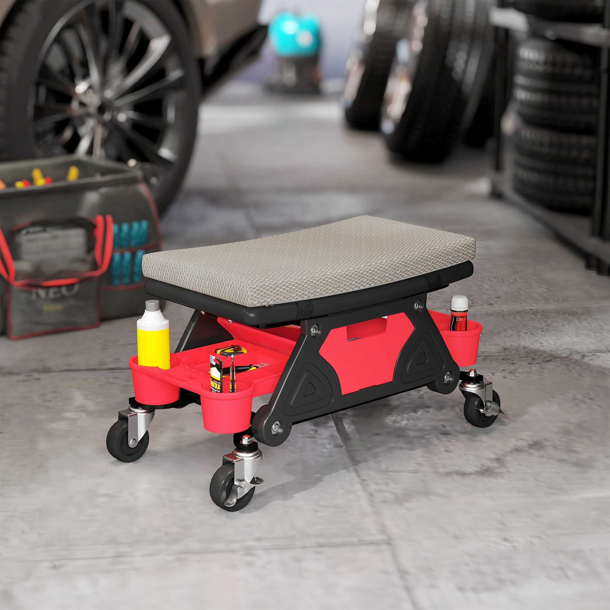 HOMCOM Montagehocker Werkstatthocker Ablagefläche Schublade Arbeitshocker Rollsitz (Rollbarer Werkstatthocker, 1 St., 35cm hoch Rollhocker), 135 kg Tragkraft, Werkstattsitz für Werkstatt Grau