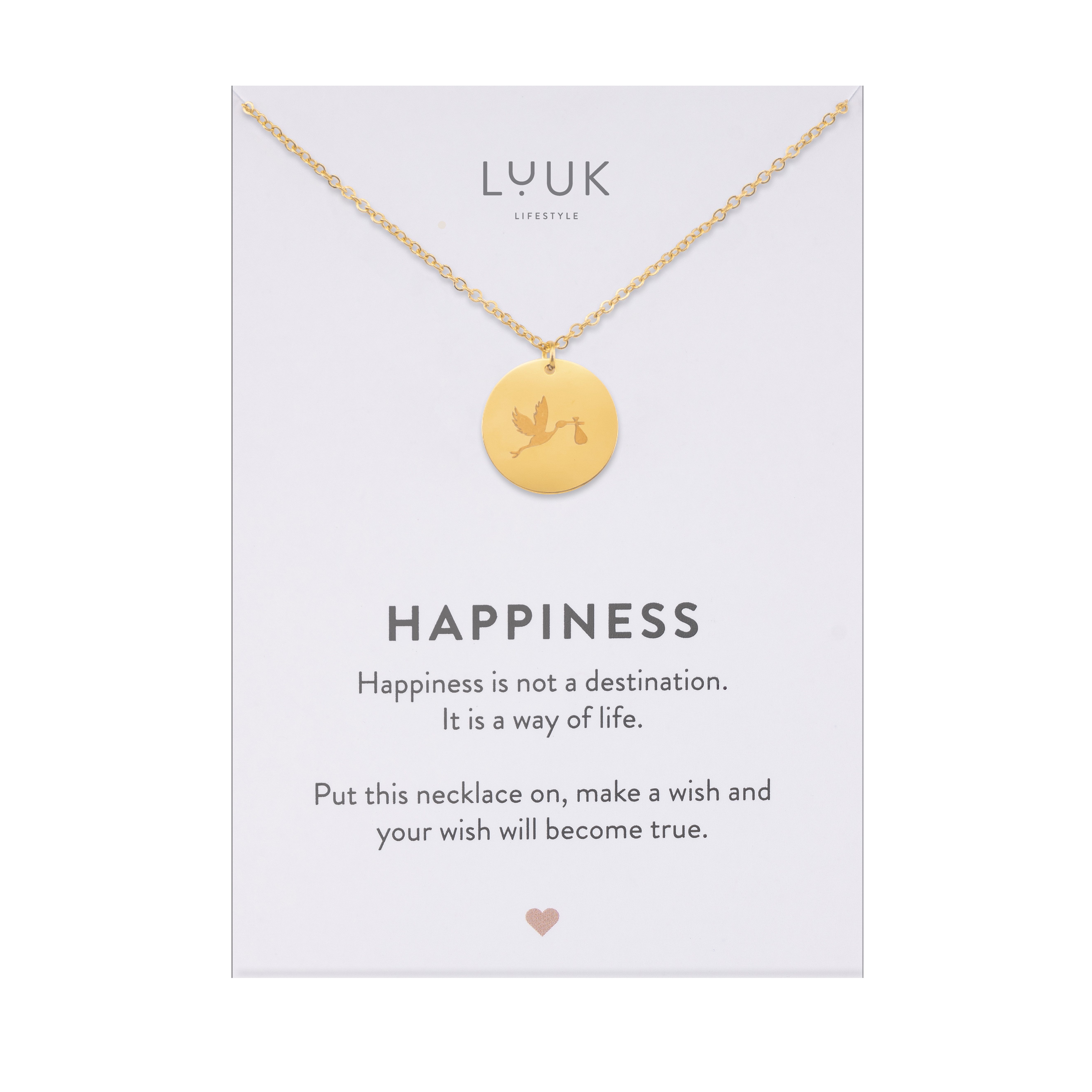 LUUK LIFESTYLE Kette mit Anhänger Storch, miit HAPPINESS Spruchkarte, liebevolle und persönliche Geschenkidee