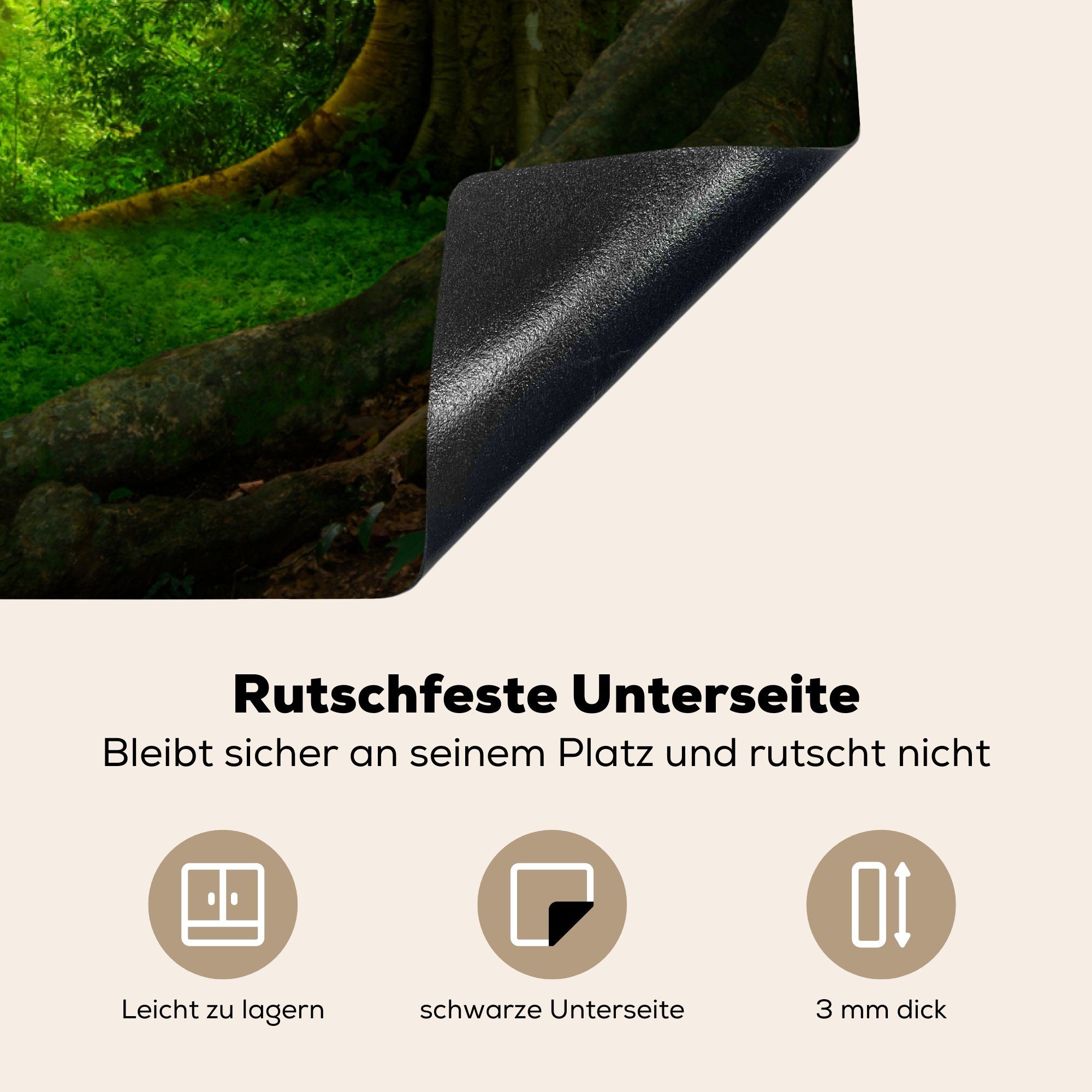 Natur, für Wald Vinyl, Ceranfeldabdeckung, - Grün - (1 - 81x52 Arbeitsplatte MuchoWow - Landschaft Herdblende-/Abdeckplatte cm, tlg), Bäume küche
