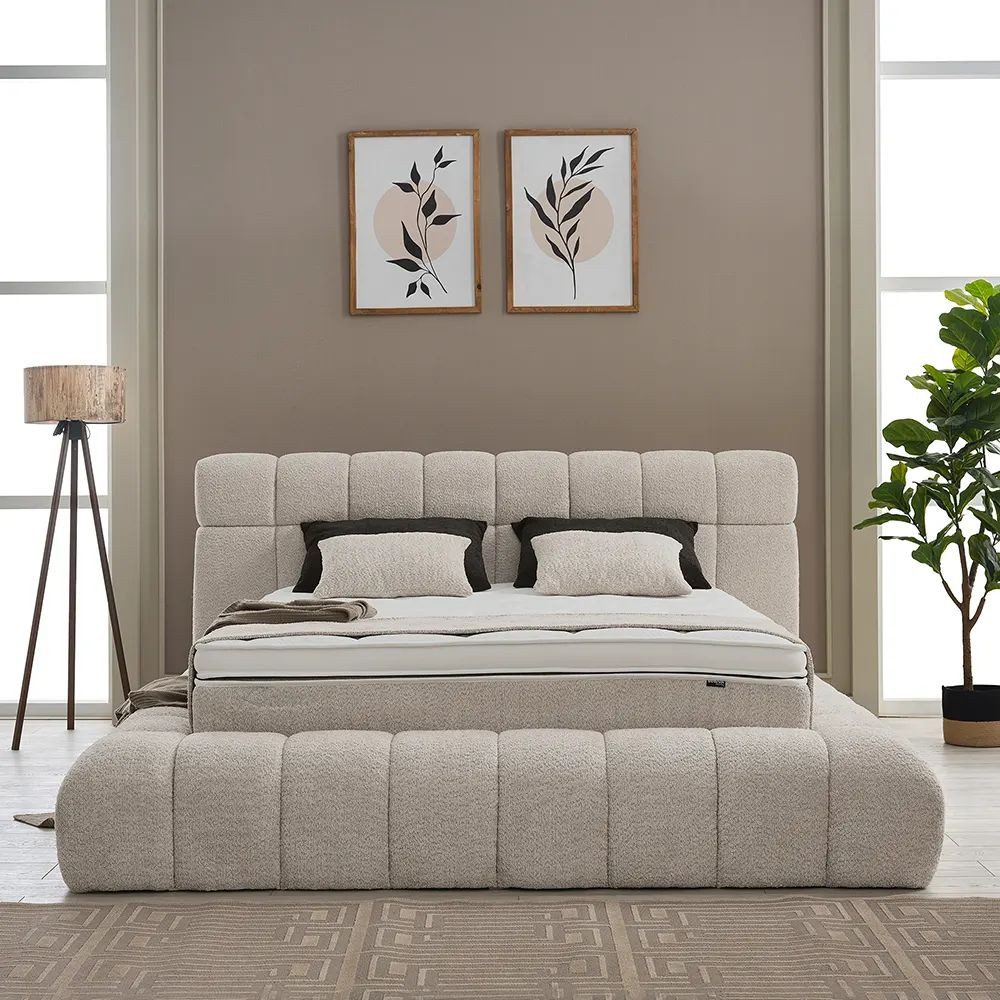 abc bedding Boxspringbett Komfortbett RAINA in stilvollem, braun beigem Stoffdesign, Voll-orthopädisches Schlafsystem inklusive Bettkasten