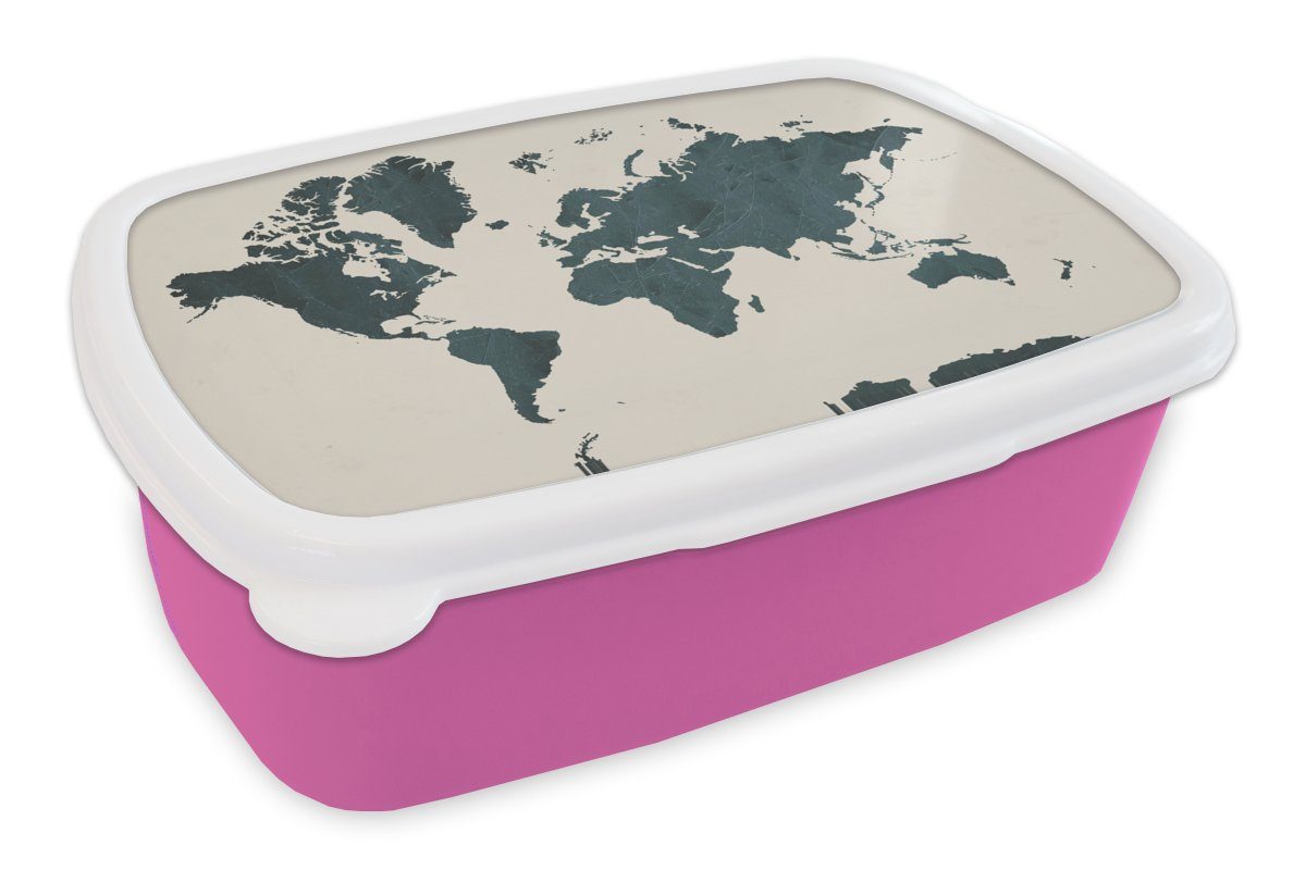 rosa Brotbox Braun, Kinder, Snackbox, MuchoWow Brotdose (2-tlg), Mädchen, Kunststoff, - Blau Lunchbox Weltkarte - für Kunststoff Erwachsene,