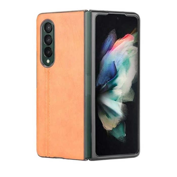 Wigento Handyhülle Für Samsung Galaxy Z Fold3 5G Design Kunstleder Hart Cover Handy Tasche Hülle Etuis Orange
