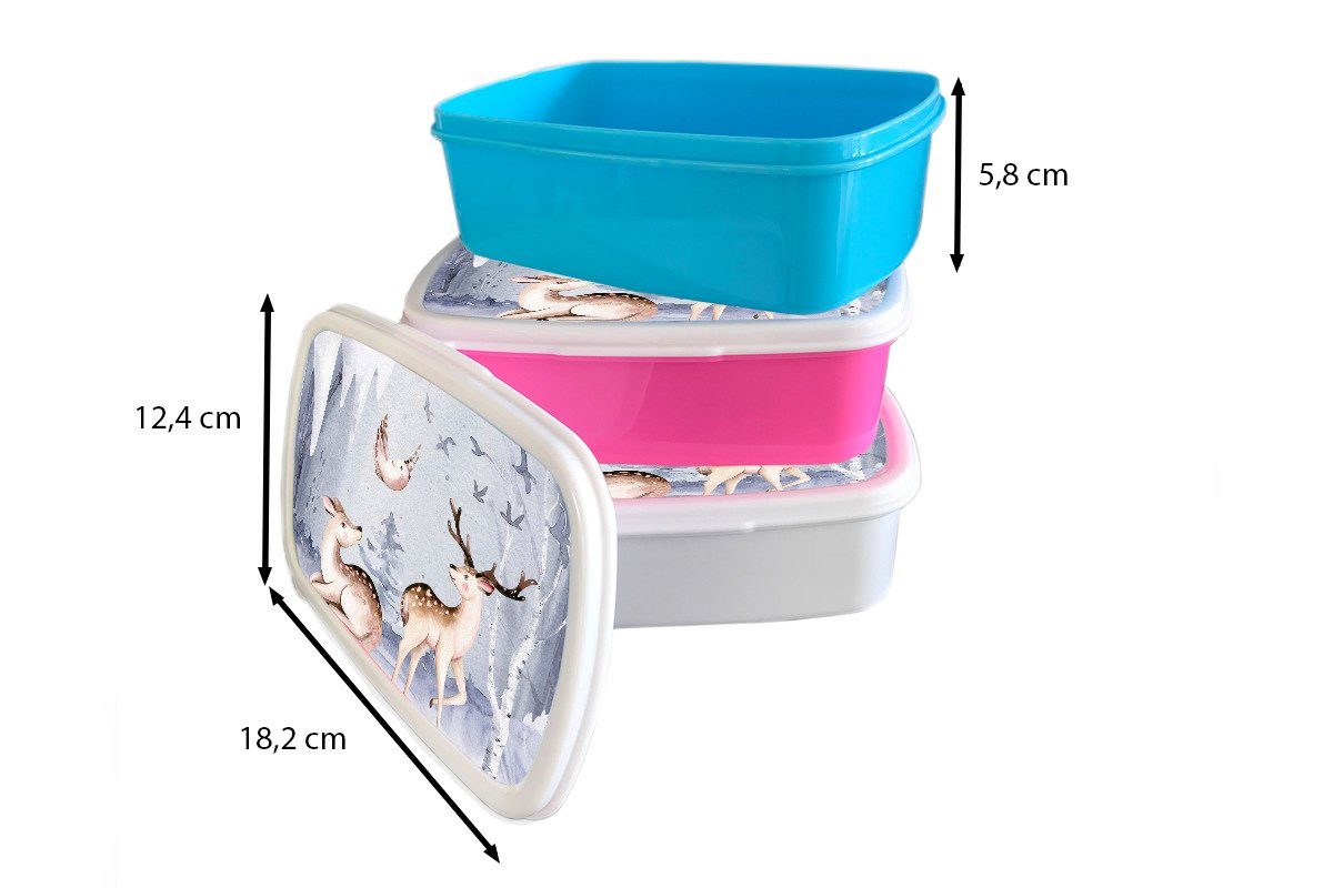 MuchoWow Lunchbox (2-tlg), - Brotdose - Mädchen, Vögel Winter - Kunststoff, Snackbox, rosa Schnee, Kinder, Erwachsene, Brotbox Hirsche für Kunststoff