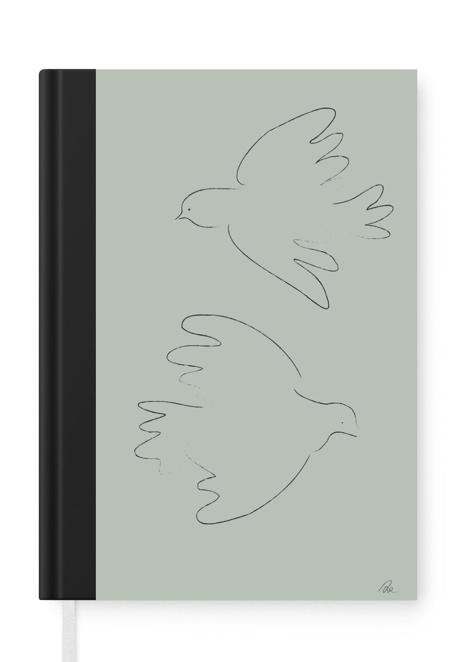 MuchoWow Notizbuch Tauben - Vögel - Grün - Tiere - Strichzeichnung, Journal, Merkzettel, Tagebuch, Notizheft, A5, 98 Seiten, Haushaltsbuch