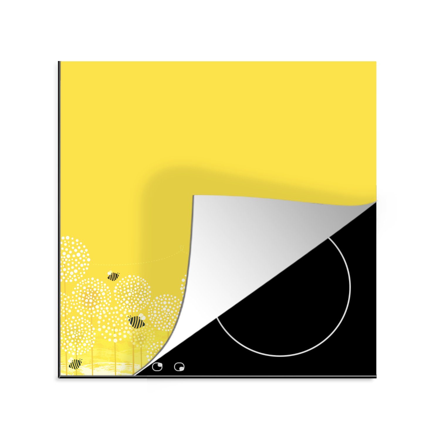 MuchoWow Herdblende-/Abdeckplatte Illustration von Bienen, die über Blumen fliegen, Vinyl, (1 tlg), 78x78 cm, Ceranfeldabdeckung, Arbeitsplatte für küche