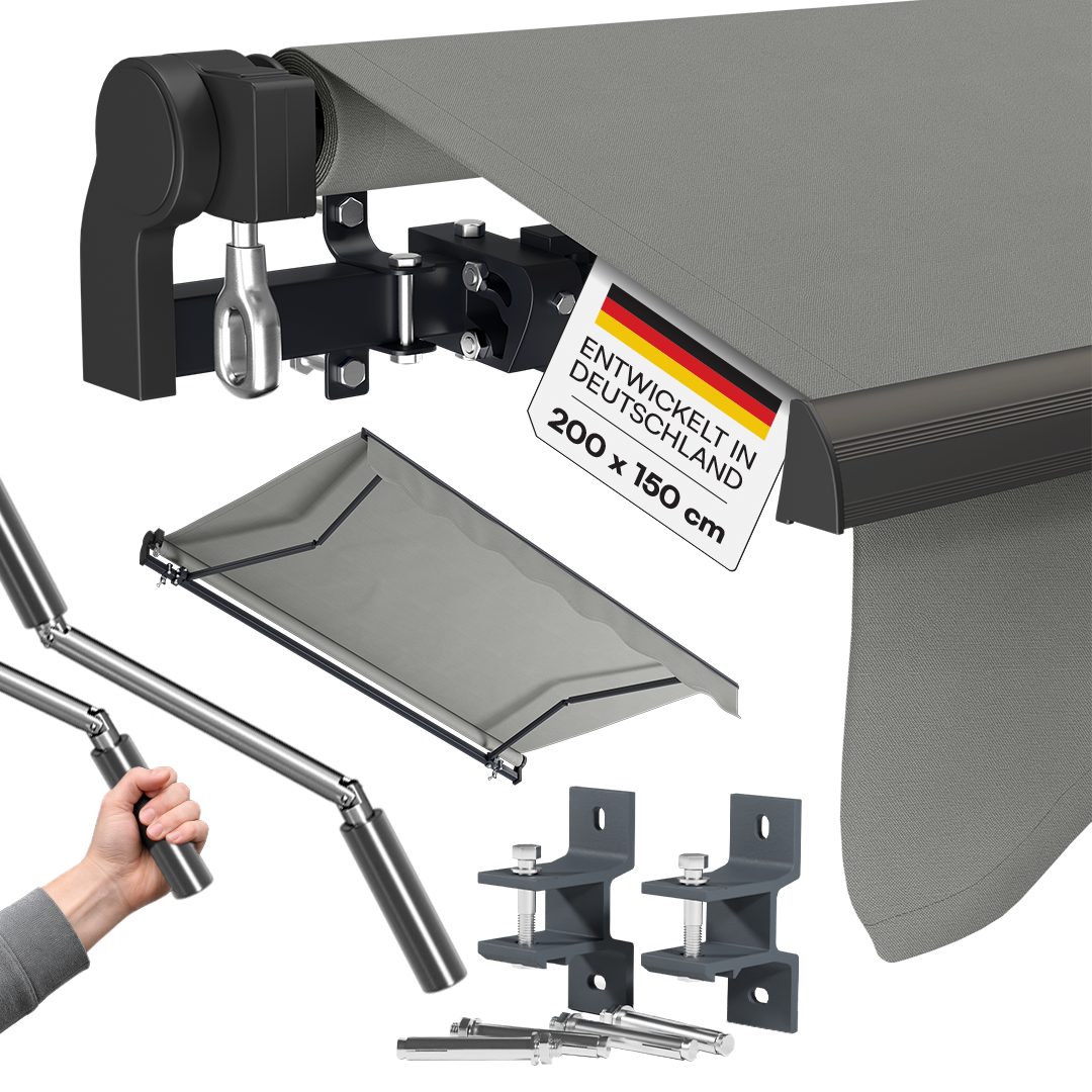STEELSØN Gelenkarmmarkise Kestria wetterfest & blickdicht, Alu-Kassette, Wandhalterung & Gewebe (200x150 cm, grau, vormontiert) langlebiges Kunststoffgewebe, Markise für Balkon/Dachterrasse/Garten