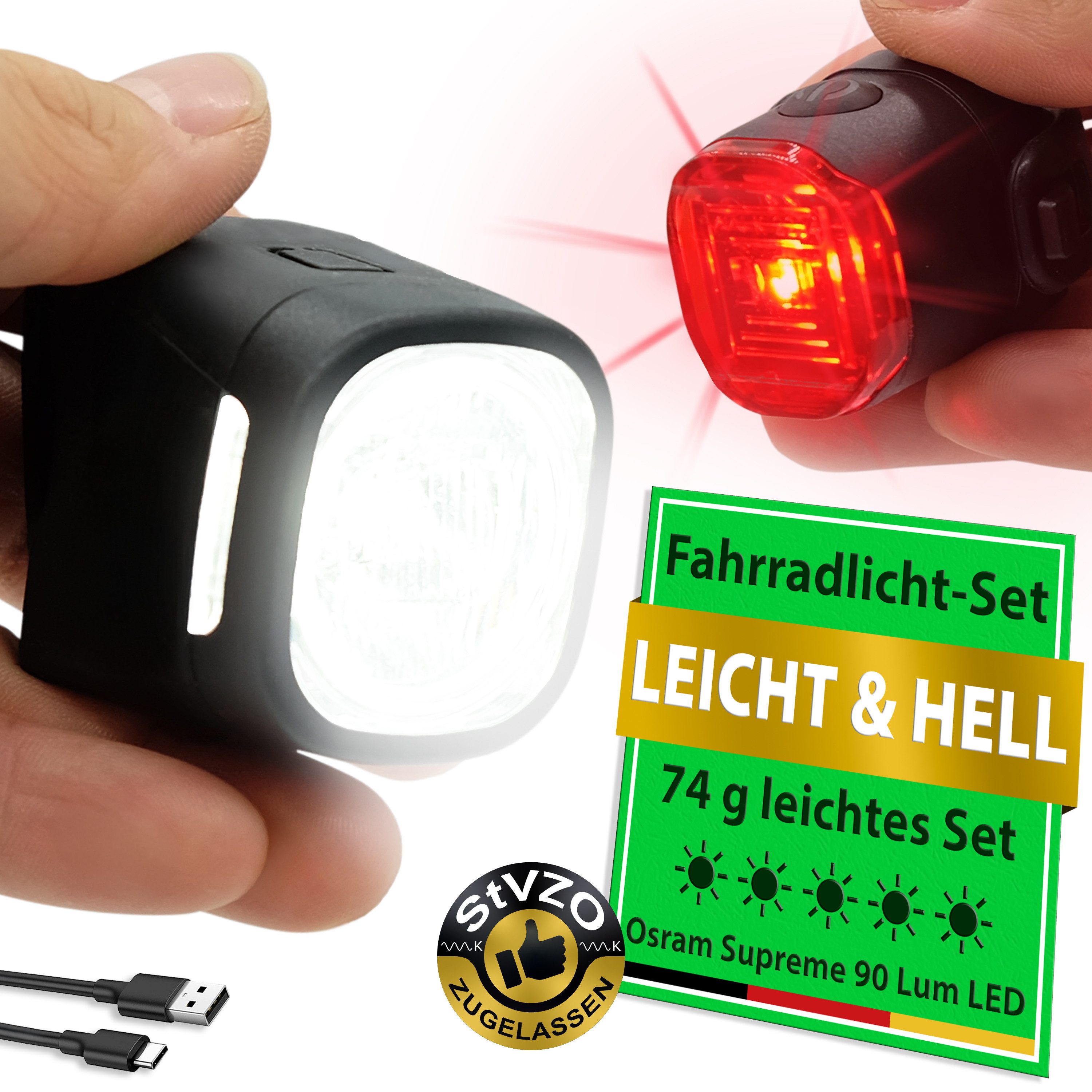 Widder Fahrradbeleuchtung Vorne & Hinten Fahrradlicht Set [StVZO, Sehr Hell 90 Lum LED, USB-C], Kompakt & Leicht • Extra-Hell • Fahrrad, Scooter, Kinderfahrrad