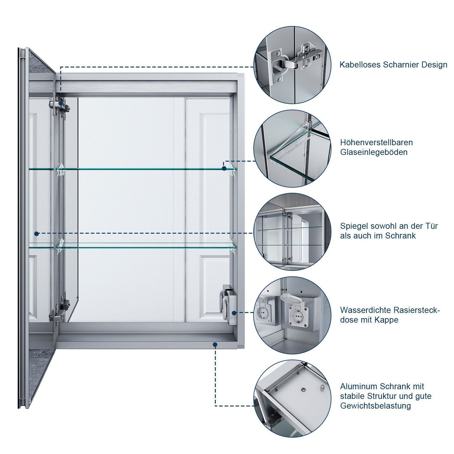 SONNI Spiegelschrank Bad Badezimmer Spiegelschrank mit LED Beleuchtung Aluminum