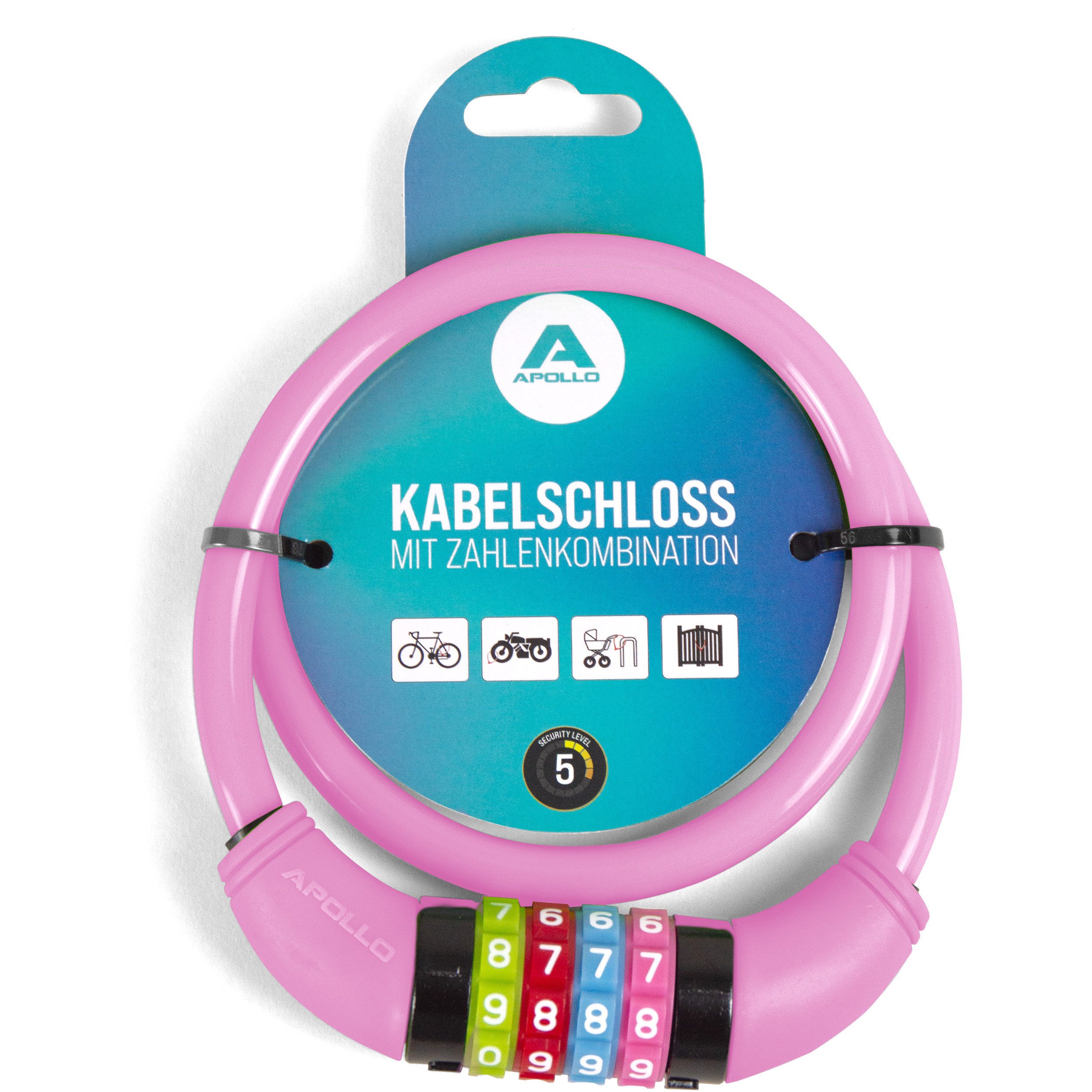 Apollo Zahlenkabelschloss Kinder Fahrradschloss – Zahlenschloss - auch für Scooter und Laufräder, 65 cm Länge, 300 g, 10.000 Kombinationen