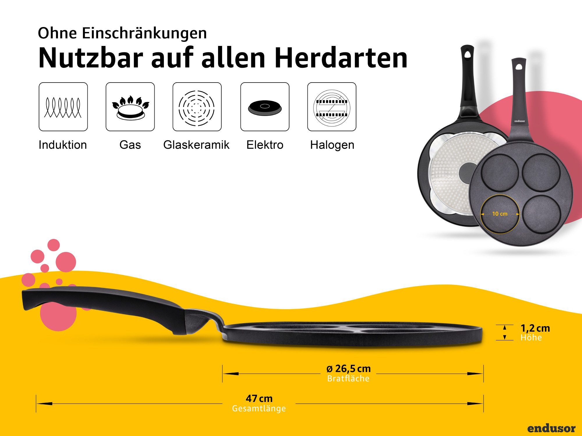 endusor Crêpepfanne Pancake Pfanne ⌀26cm (4 Mulden), Aluminiumguss (Alle Herdarten inkl. Induktion, Ø 26cm Bratpfanne), modernster Antihaft-Beschichtung & Eisenkernboden für Pancakes & Mehr
