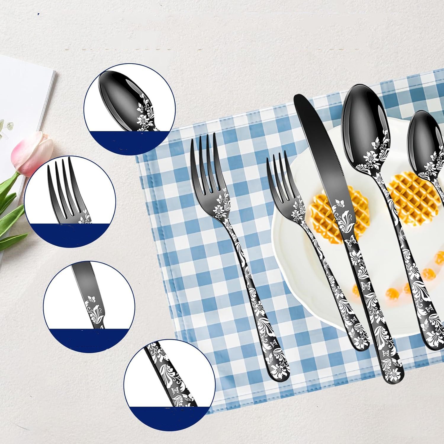 KingLux Besteck-Set 30Stk.Schwarz Besteck-Set für 6 Personen Lasergravur mit Blumenmuster (30-tlg), Edelstahl