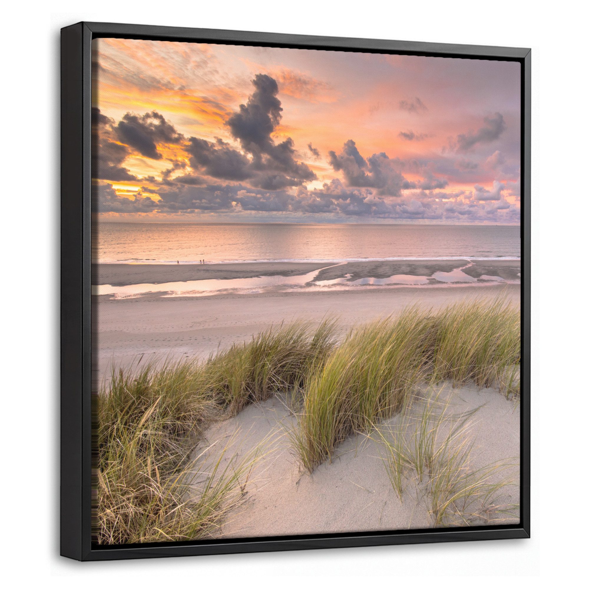 OneMillionCanvasses® Leinwandbild mit Rahmen - Sonnenuntergang - Düne - Strand - Pflanzen - Meer, Fotodruck (1 St), Leinwand Bilder Klein, Wand Dekoration Aesthetic 20x20cm