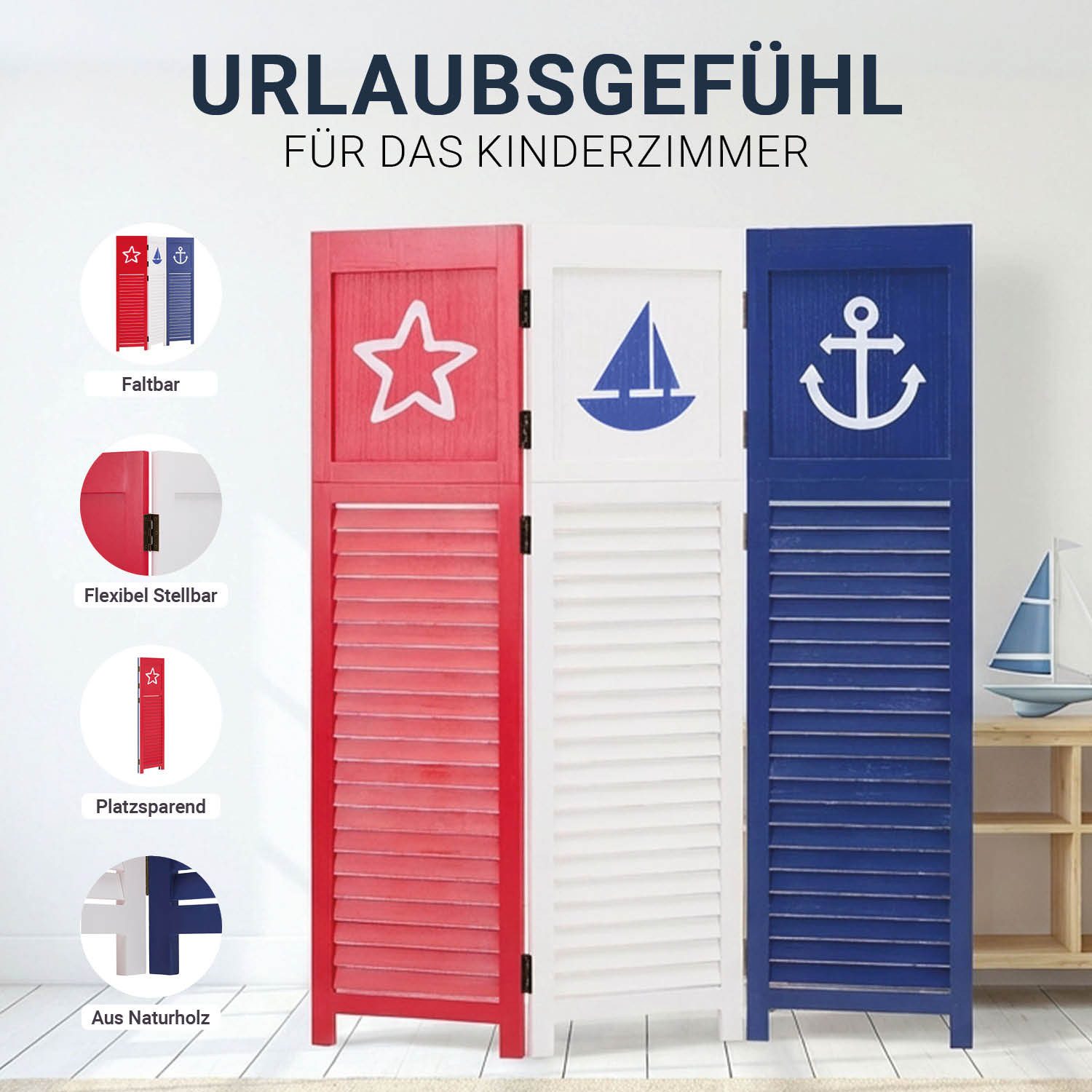 Homestyle4u Paravent Raumteiler Holz Trennwand Sea Sichtschutz Indoor faltbar Motiv Meer (3-teilig), maritim