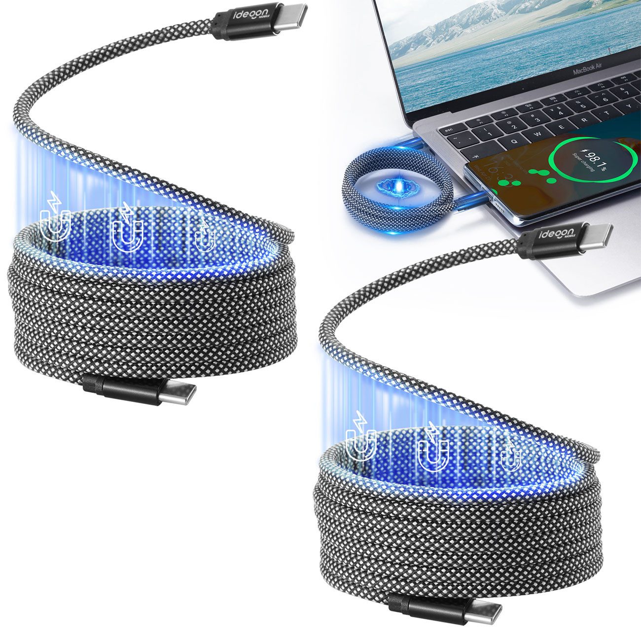 shop'n smile ideoon 100W USB-C Ladekabel 1m magnetische Aufrollfunktion Schnellladefähig USB-Kabel, Datenübertragung bis 480 Mbit/s, knotenfreies Aufrollen, 1m