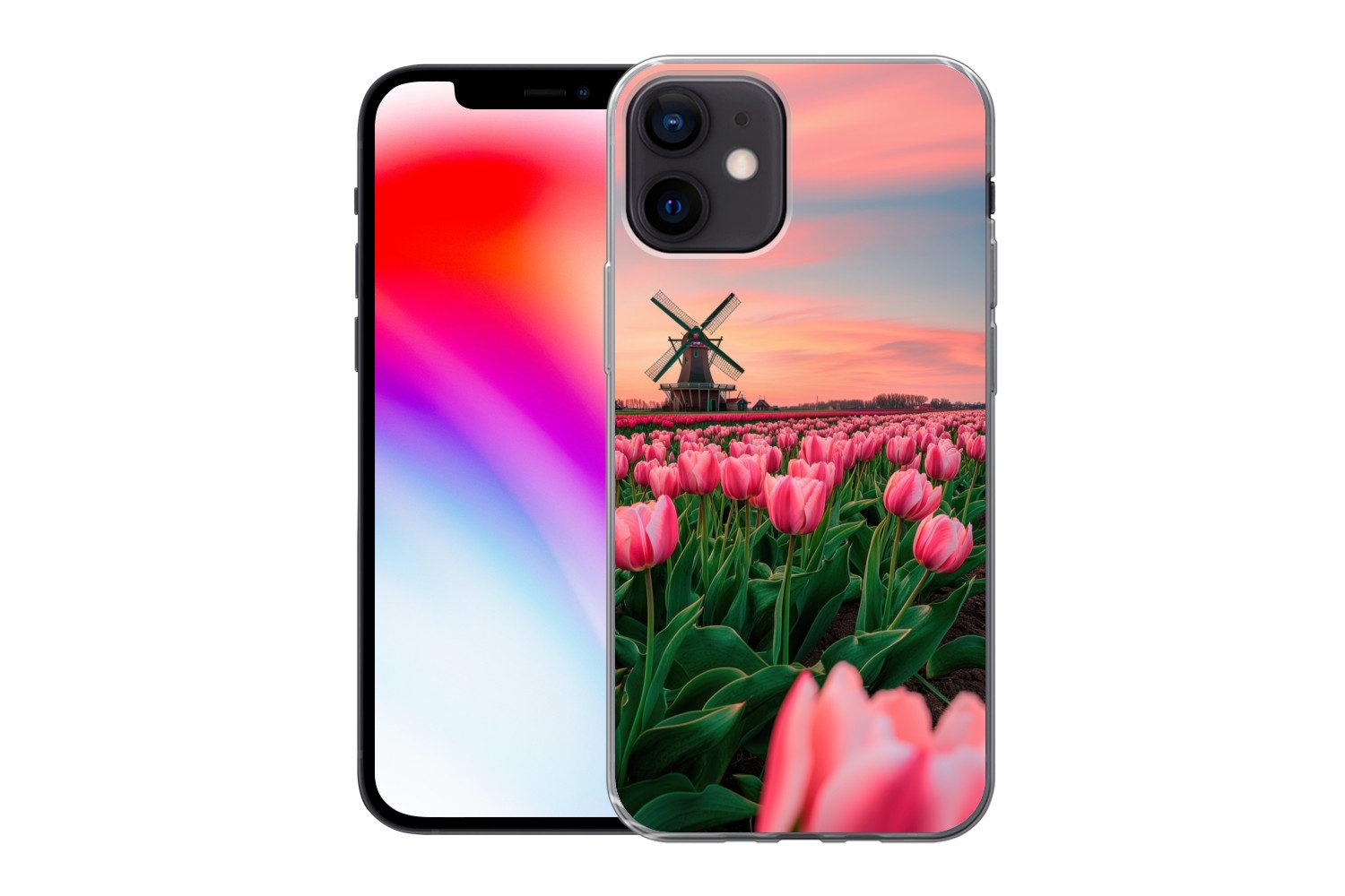 MuchoWow Handyhülle für Apple iPhone 12 Tulpen - Mühle - Niederlande, Smartphone-Bumper, Print, Handy Schutzhülle Dünn