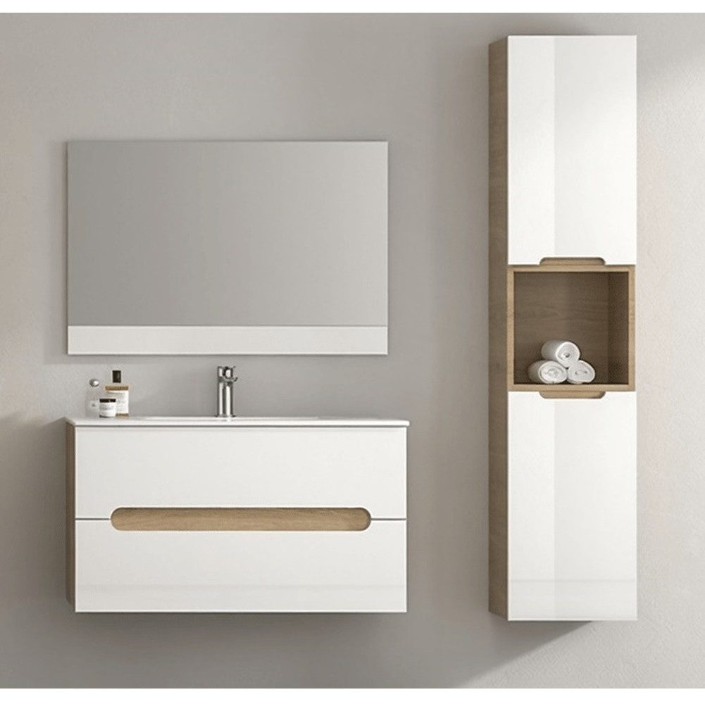 Faizee Möbel Badmöbel-Set 90cm Hochglanz Weiß inkl. Waschbecken&LED-Beleuch günstig online kaufen