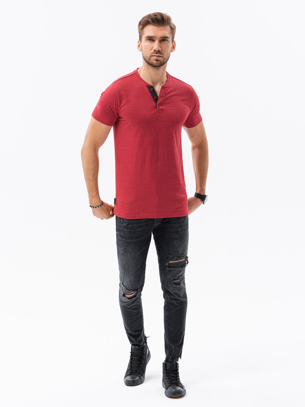 OMBRE T-Shirt Einfarbiges Herren-T-Shirt - meliert rot S1390 M