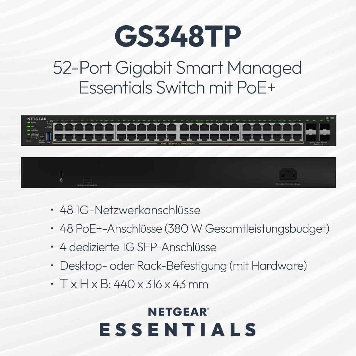 NETGEAR S350 48P GE POE+ SMART SWITCH (GS348TP) Netzwerk-Switch (48 PoE+-Ports mit 380 W Gesamtleistung)